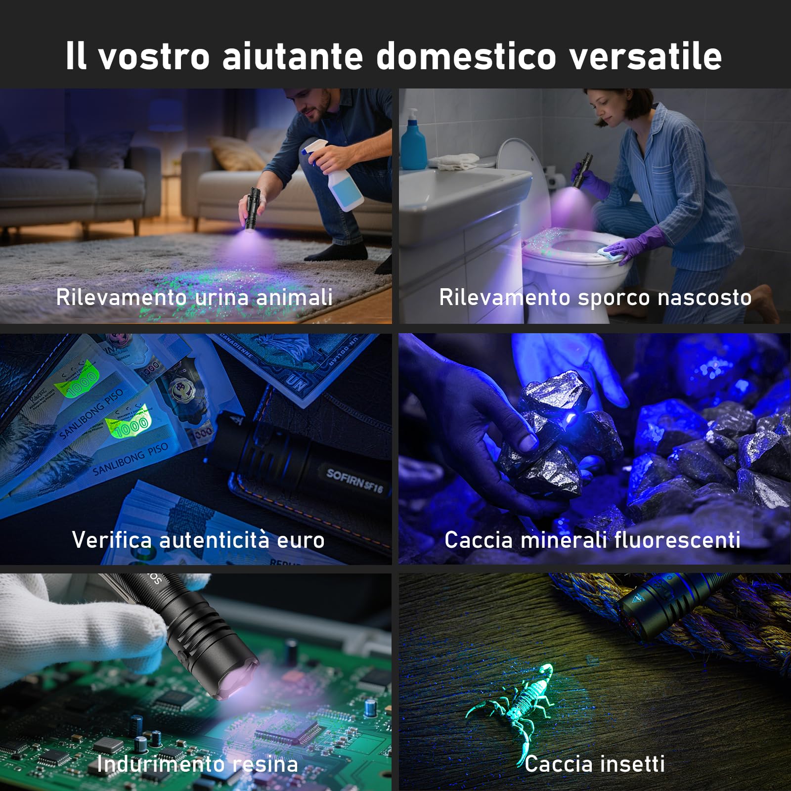 Sofirn SF16, torcia a LED ricaricabile a luce nera, 365 nm, luce nera, per rilevare urina di cani e animali domestici, svela macchie invisibili, ultravioletti puri ad alta definizione (SF16 nero)
