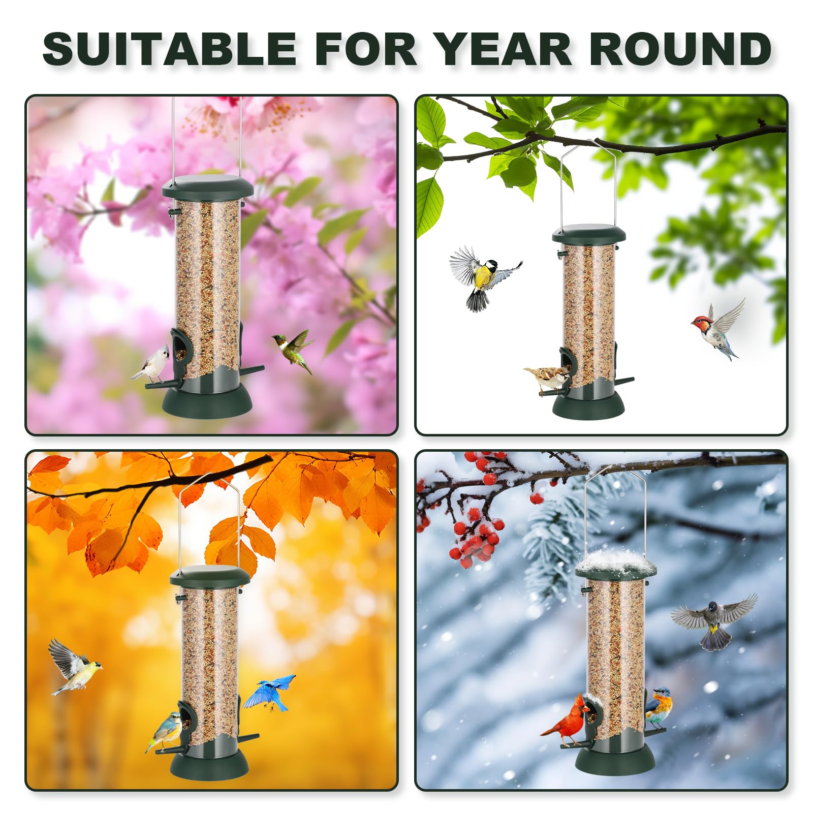 FEED GARDEN Confezione da 2 mangiatoie per uccelli da appendere all'aperto, 4 porte, in plastica rigida di alta qualità, antiruggine, coperchio e base in metallo resistente, idea regalo, 21 cm, verde