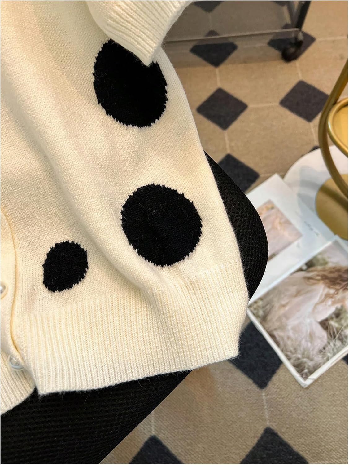WDIRARA Women's Polka Dots Button Up Sweater Crew Neck Short Sleeve Lightweight Cardigan Knit Top - Image 4