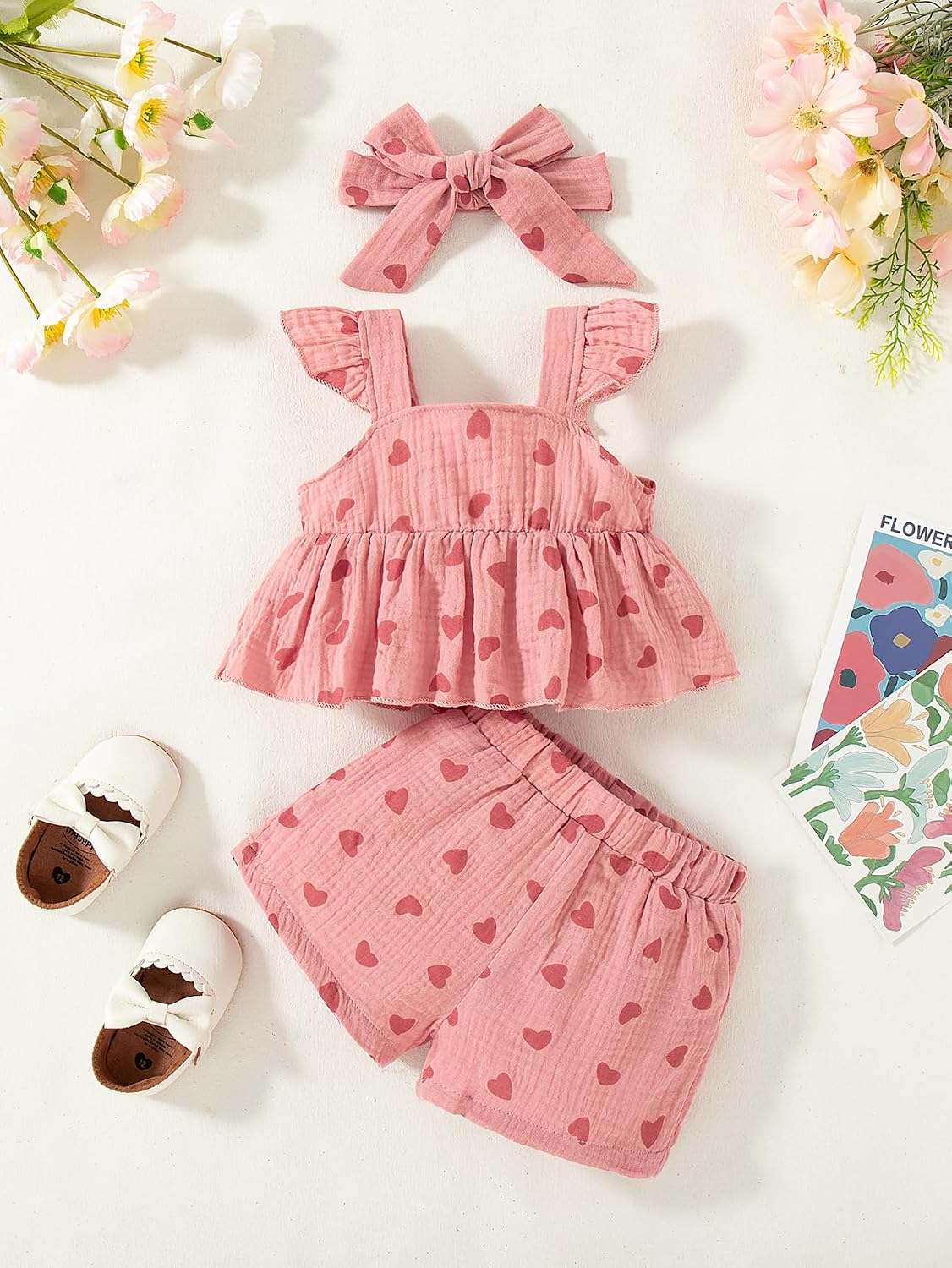 VARMILO Toddler Girl Cotton Heart Print Outfit Set,Ruffled Sleeveless Top, Matching Shorts & Bow Headband for Baby Girls