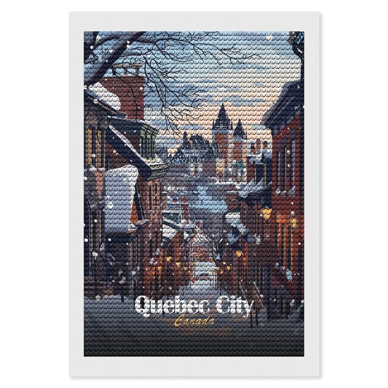 Junmoney Quebec City Winter Scene DIY Diamond Art Canvas Kit 8"x12", Farmhouse Decor, Vintage Style Decor, Handmade Wall Decor, Canvas Picture