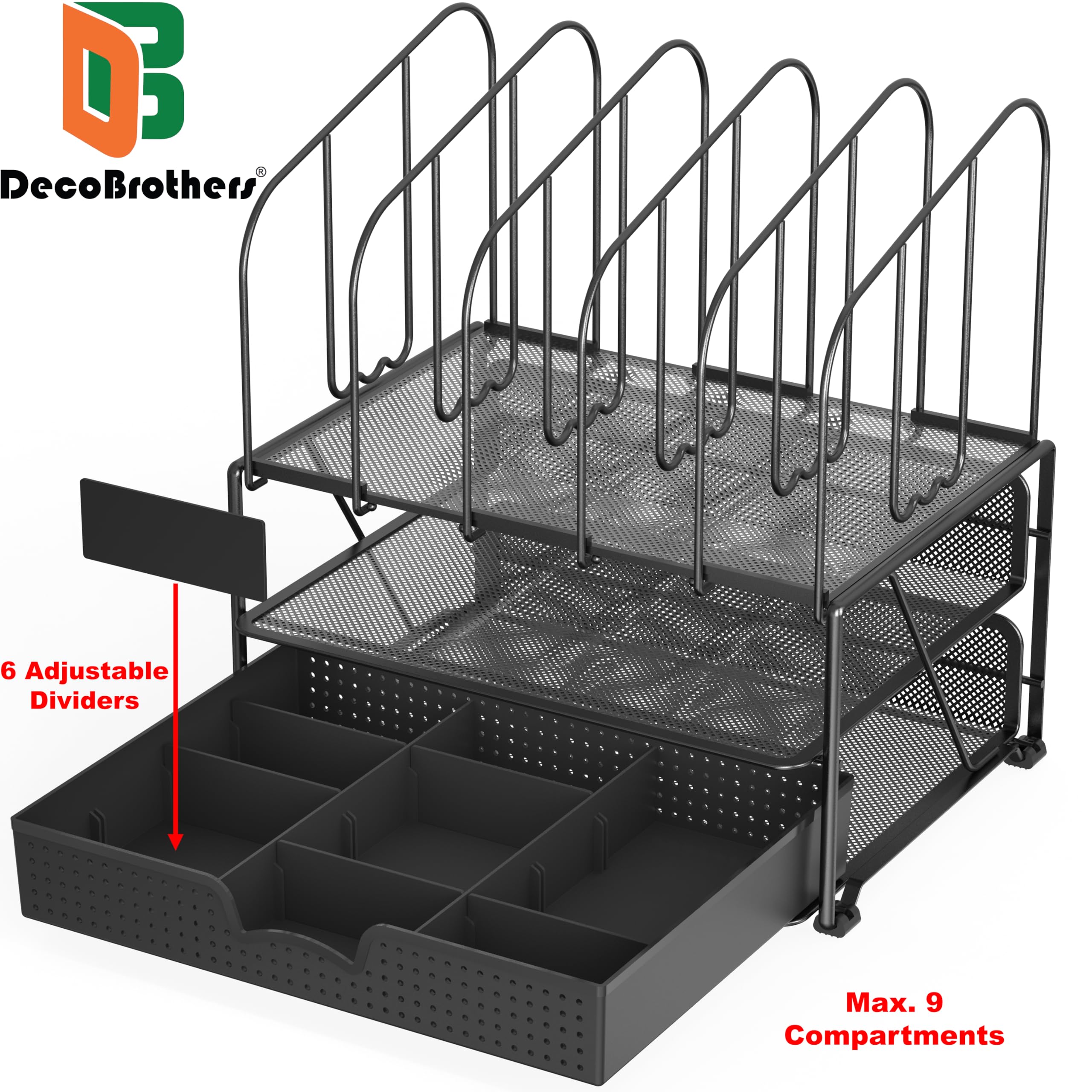 DecoBros - Organizer da scrivania in rete con doppio vassoio e 5 sezioni verticali