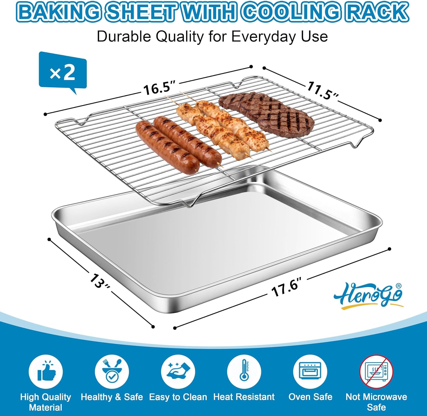 Herogo Stainless Steel Baking Pan Sheet with Wire Rack Set(2 Pans + 2 Racks), 17.7" x 13" x 1" Cookie Sheet Bakeware Set for Oven, Non Toxic & Heavy Duty & Easy Clean-Extra Large