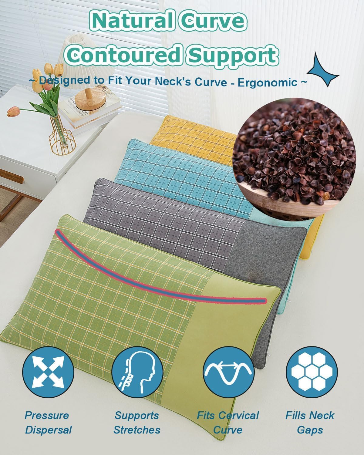 Buckwheat Neck Pillow Adjustable Firmness, Buckwheat Pillow for Sleeping with Breathable Pillowcase, Firm Cervical Support Pillow for Back and Side Sleepers, Grey 19"x11" - Image 2