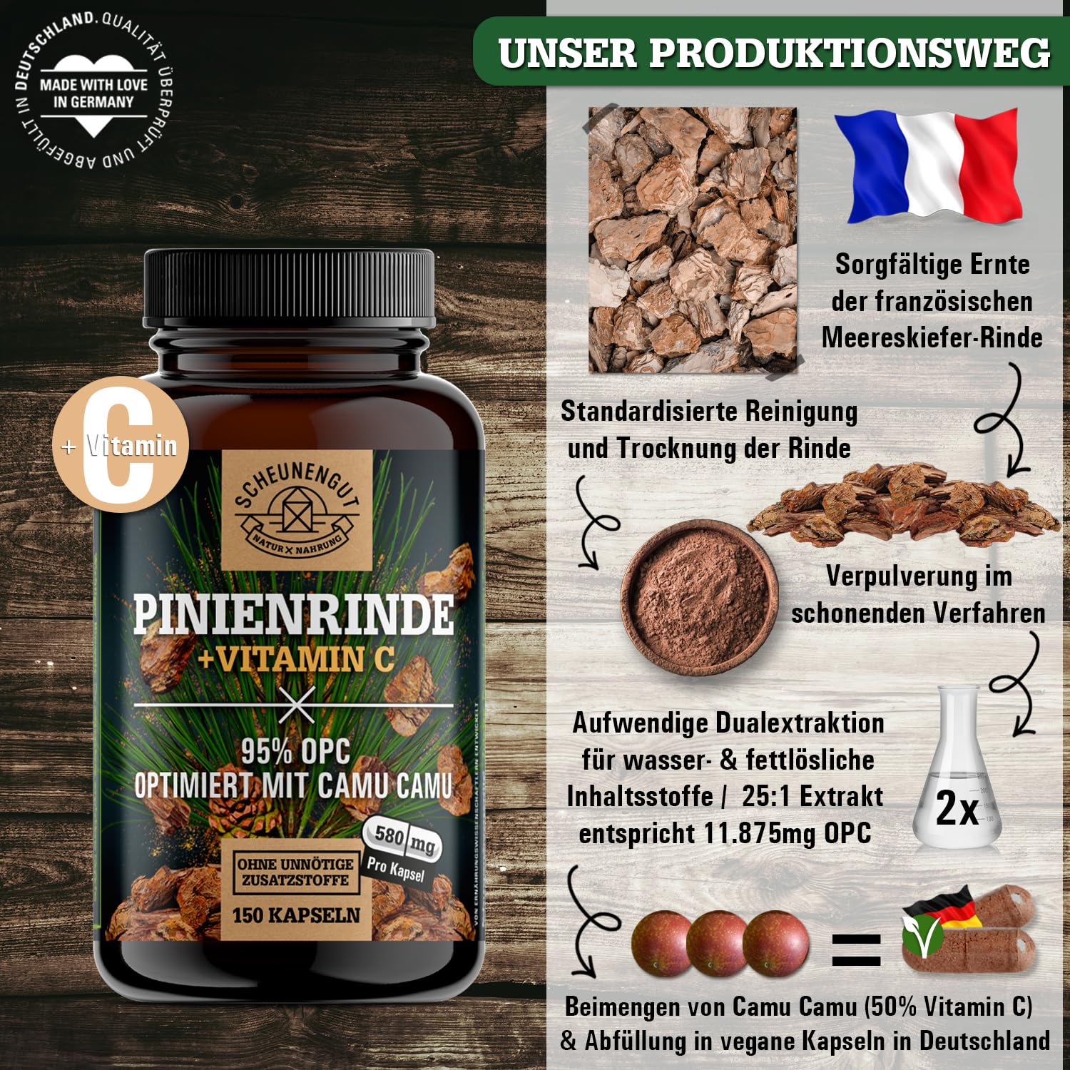 Pinienrindenextrakt -475mg OPC je Kapsel- WICHTIG: 25:1 Extrakt (=14500mg Französische Meereskiefer je Dosis) +Vitamin C I 150 Kapseln mit 95% OPC I Laborgeprüft -DE- SCHEUNENGUT®