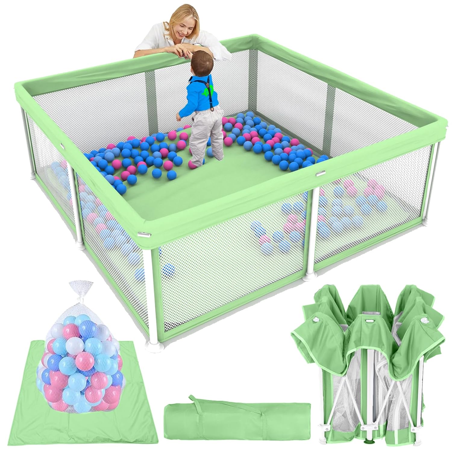 TOREVSIOR Foldable Baby Playpen with Mat, 50"×50" Collapsible Play Pen for Babies and Toddlers, Indoor & Outdoor Kids Safety Play Pen, Portable Play Yard, Foldable Baby Playpen with 50 Ocean Balls