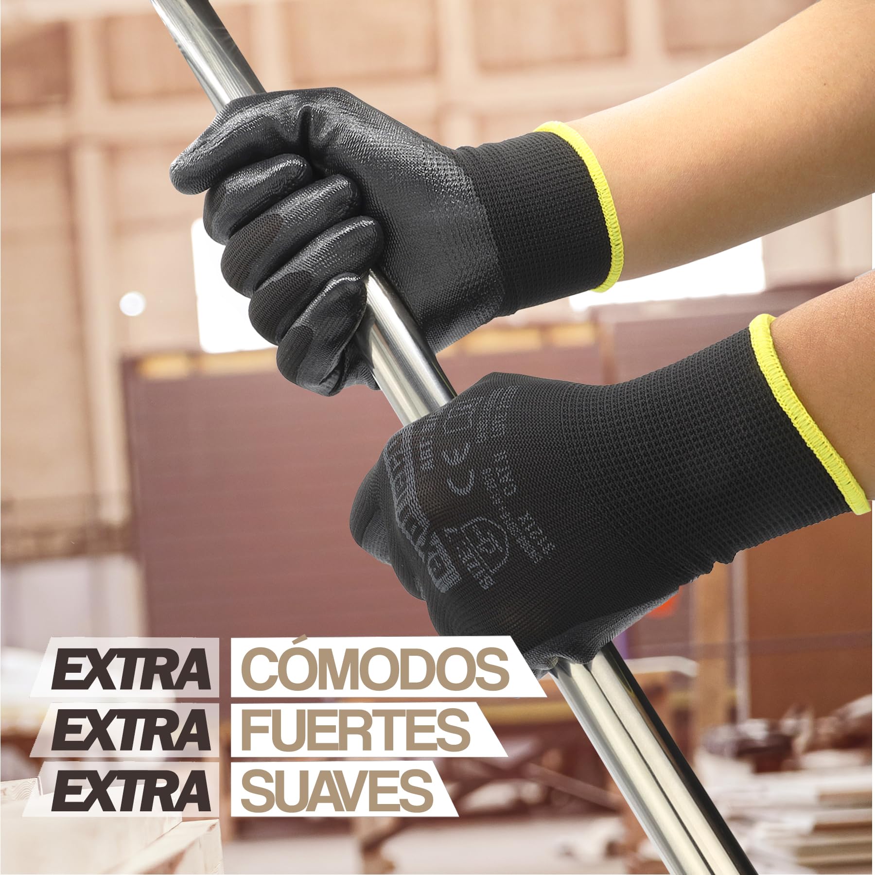 Guantes de Trabajo Profesionales Ideales para Automotriz, Construcción y Embalaje, Guantes de Protección CAT2 en Poliéster y Nitrilo, Precisión Táctil, Multipropósito, Cómodos, Resistentes