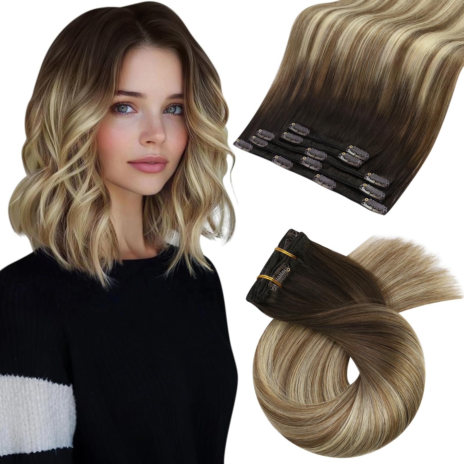 Moresoo Human Hair Extensions Clip in Real Hair Ash Blonde with Bleached Blonde Clip in Hair Extensions Remy Human Mid-length Hair Layered Add Volume 14 Inch 5pcs/80g #P18/613 — view 62