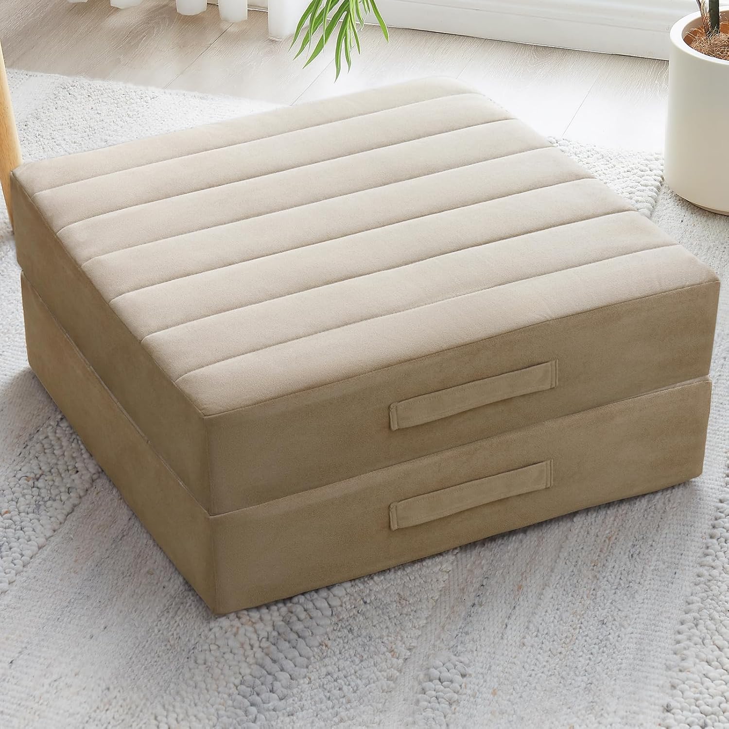 JKMAX 2 Pcs High Density Foam Floor Pillow - Upgraded Large Pillows Seating for Adults - Outdoor Floor Cushion with Soft Tufted Cover - Yoga Pillows for Sitting On Floor - 22 Inch Khaki