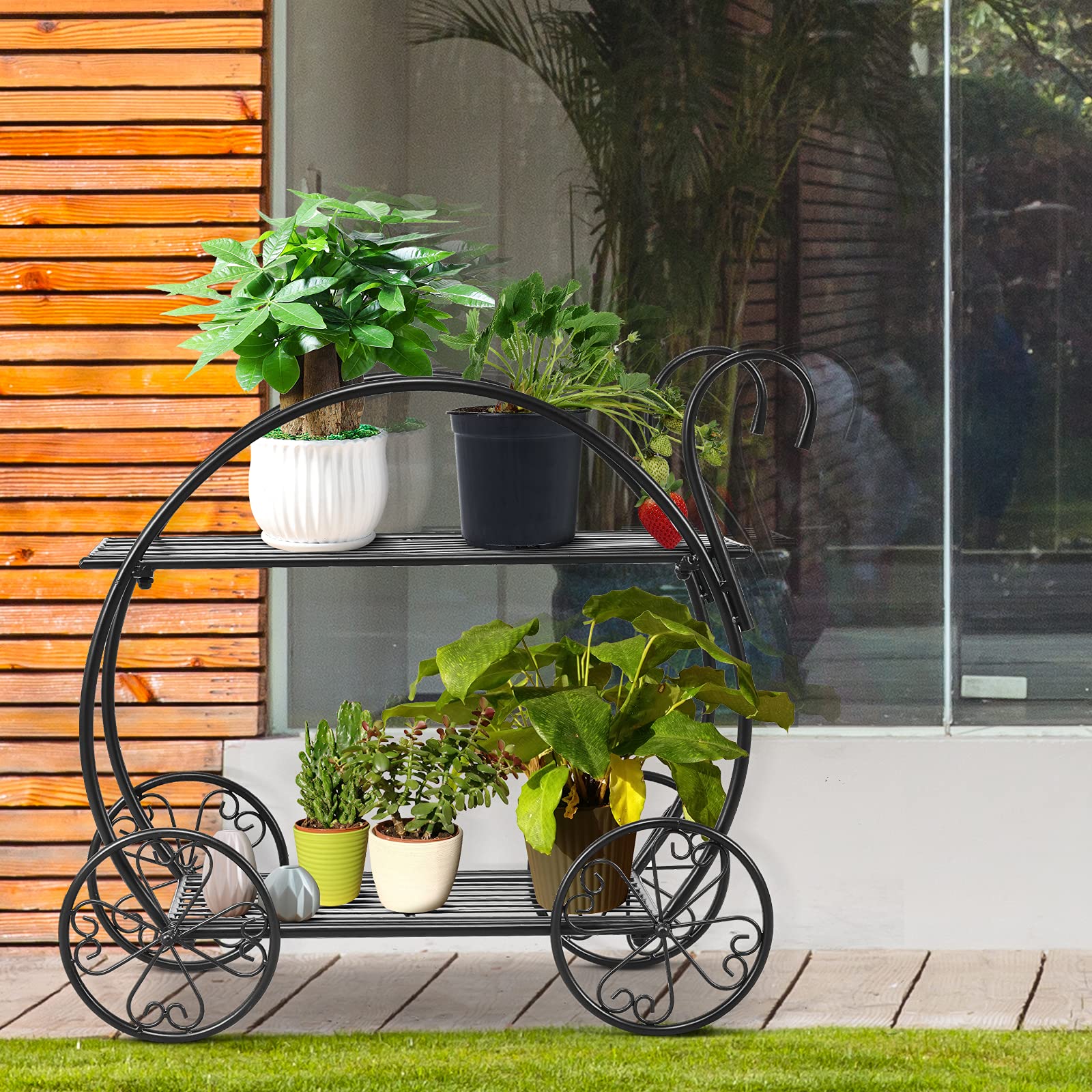 COSTWAY Scaffale per Piante in Metallo, Scaffale Portavasi a 2 Livelli con 4 Ruote, Porta Fiori da Interno ed Esterno per Soggiorno, Giardino e Balcone