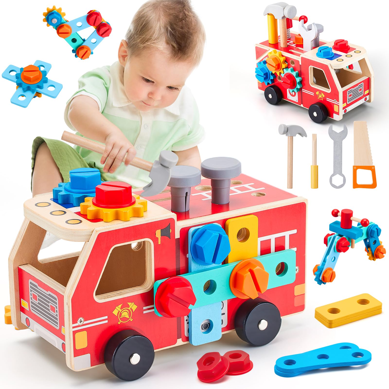 Zorbly Kids Tool Set Firetruck Wooden Toys For 2 3 4 5 6 Year Old, Montessori Educational Toys Pretend Play Tool Box Bench Construction Toys Gift for Toddler Boys Girls 2+