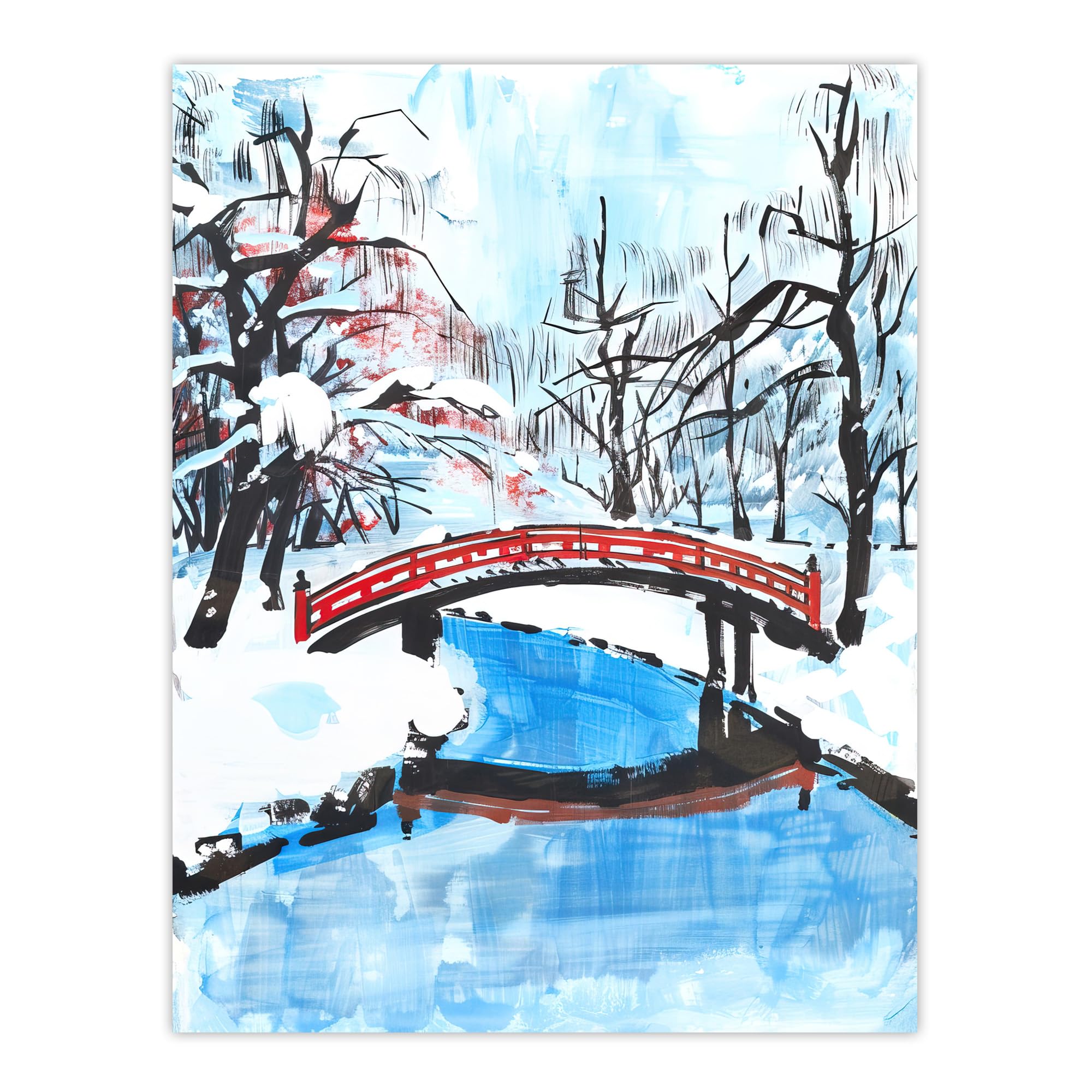 Japanese River Bridge Winter Forest Landscape Wall Art Print - Artery8 - W24 inch x H32 inch - Blue