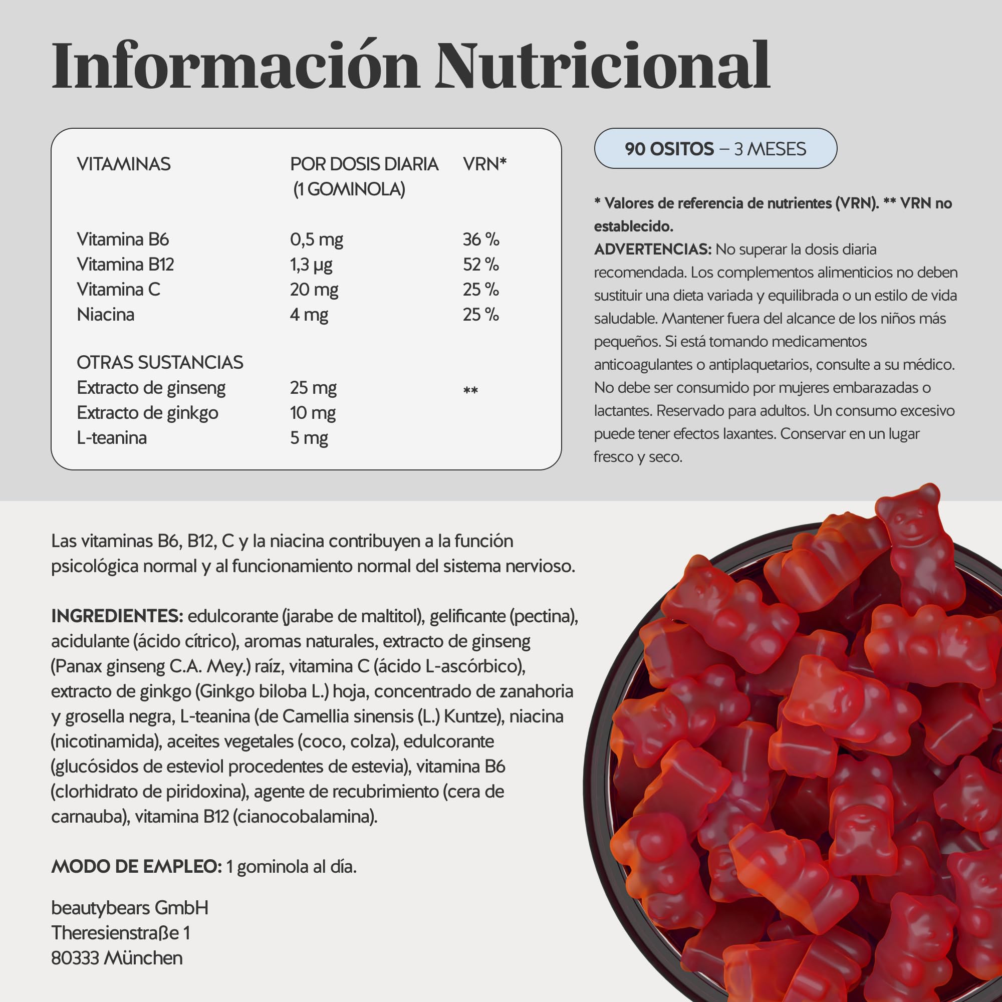 Gummies Concentración & Vitalidad – Ginseng, Ginkgo, L-Teanina, Vitaminas B6, B12, C & Niacina – 90 unidades (3 Meses), Vegano, Sin Azúcar, Bears with Benefits