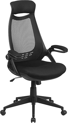 Flash Furniture Ivan - Silla de oficina giratoria ejecutiva de malla negra con brazos abatibles