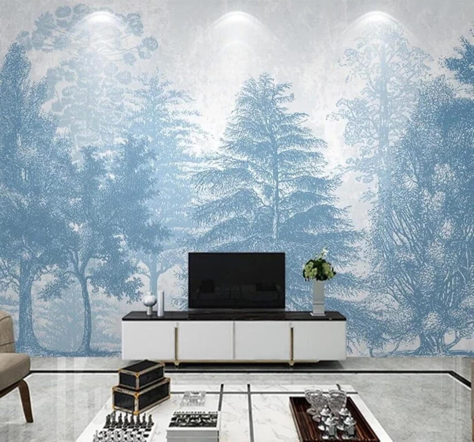 Xlming 350Cm×256Cm(B×H) Hand Painted Blue Ink Wash Jungle Landscape 3D Wallpaper Luxury Home Dining Decor Paste Sofa Living Room The Wall For Bedroom Mural-350Cm×256Cm