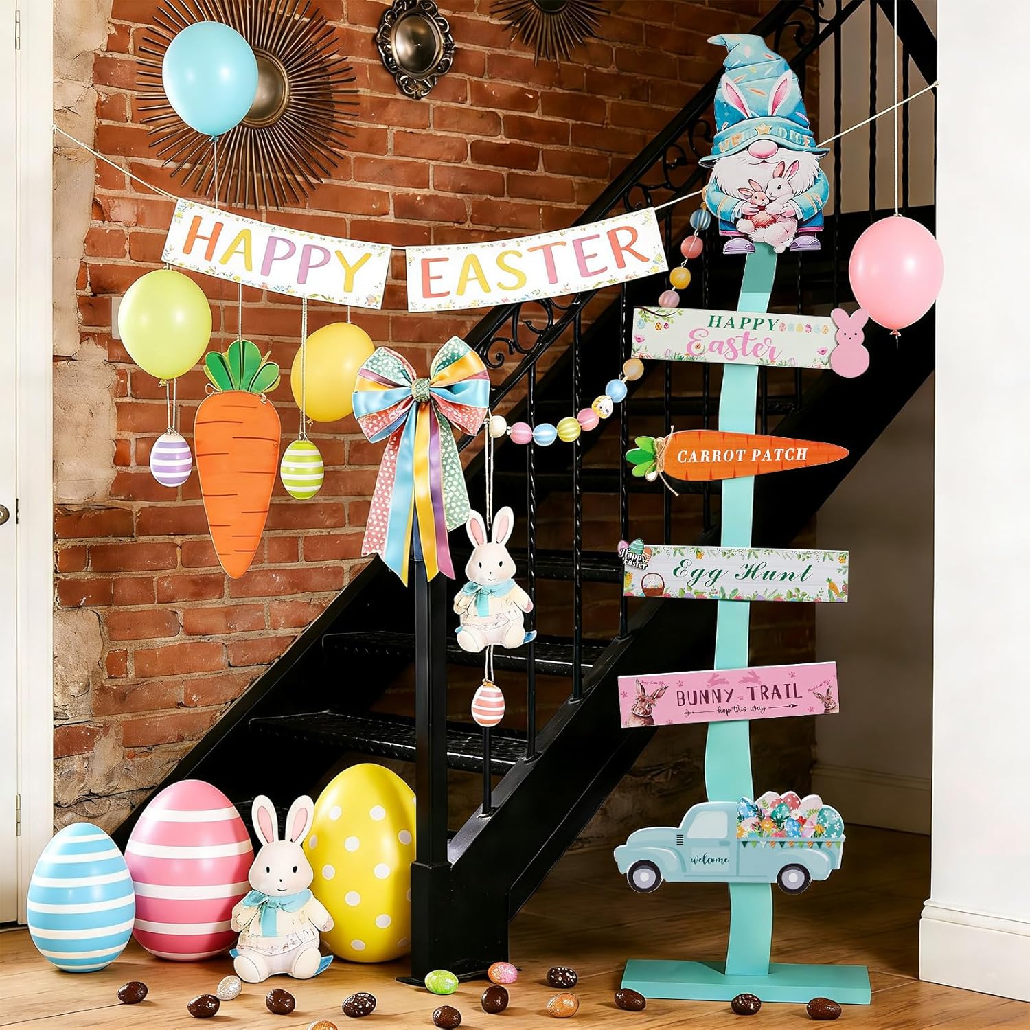 45.6" Happy Easter Welcome Porch Sign| Spring Easter Bunny Rabbit Carrot Standing Wood Signs For Front Door Outdoor Indoor Yard Decor - Image 7