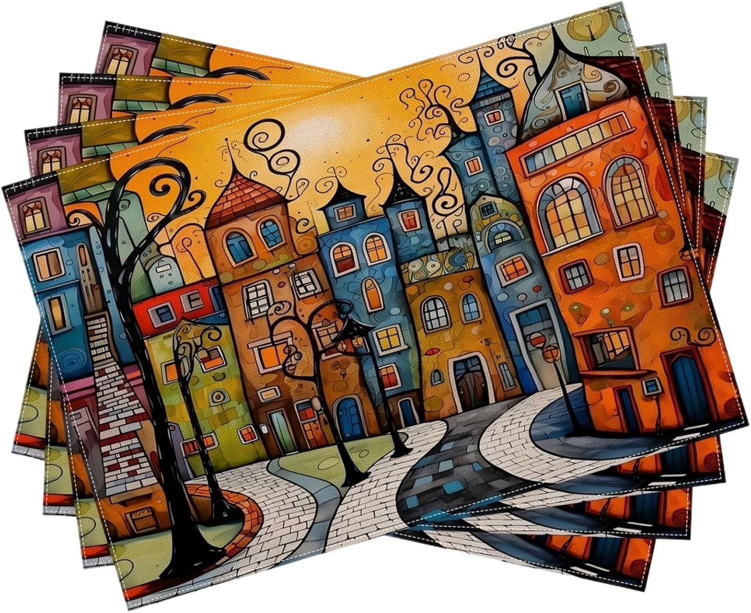 Fairytale Town Placemat Painting Fantasy Parent-Child Breakfast Romantic Dinner Theme Party Decoration(4PC30X40CM(1X1.3FT)