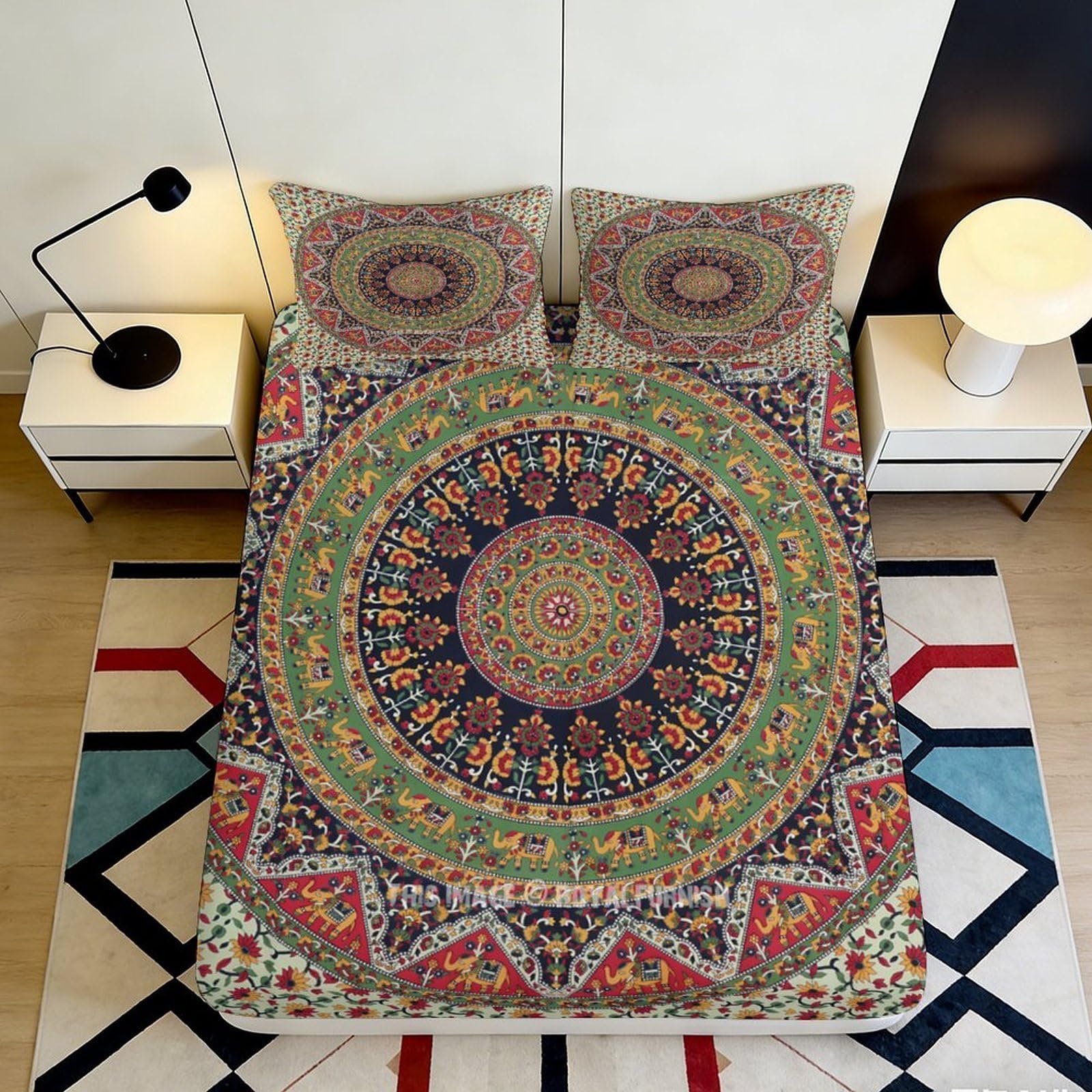 3D Printed Mandala Boho Fitted Sheet Microfiber Soft Ethnic Geometric Bed Sheet for Bedroom Guestroom Mattress Protection Decor 90x200x25cm