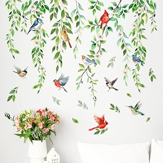 Mfault Hanging Vine Birds Wall Decals: Botanical Green Leaves, Cardinal Bluebird Hummingbird Stickers for Bedroom Living Room Kitchen Decor