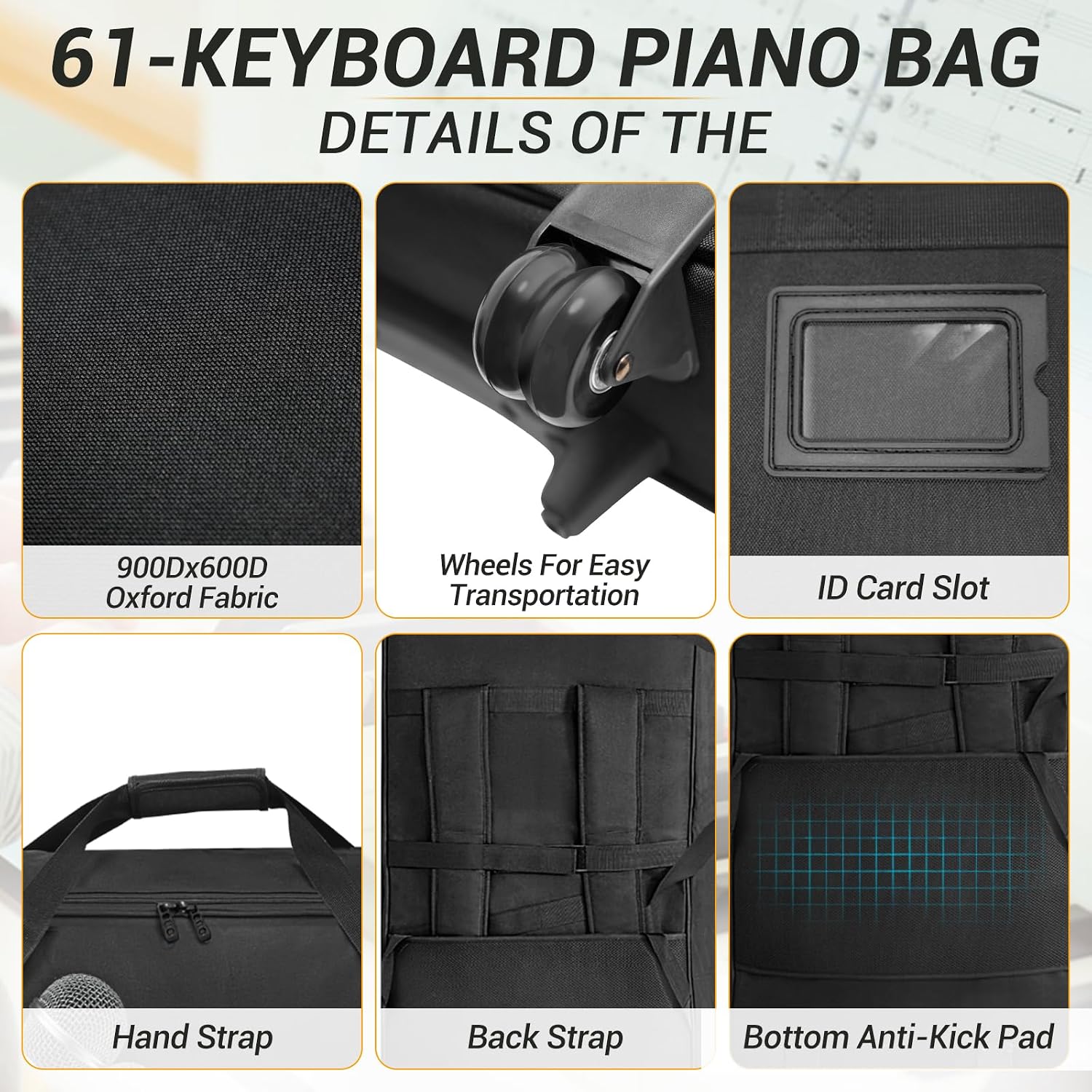 Rolling 61-Key Keyboard Case, Waterproof Gig Bag, 42.1"x17.7''x6.7'' image 5