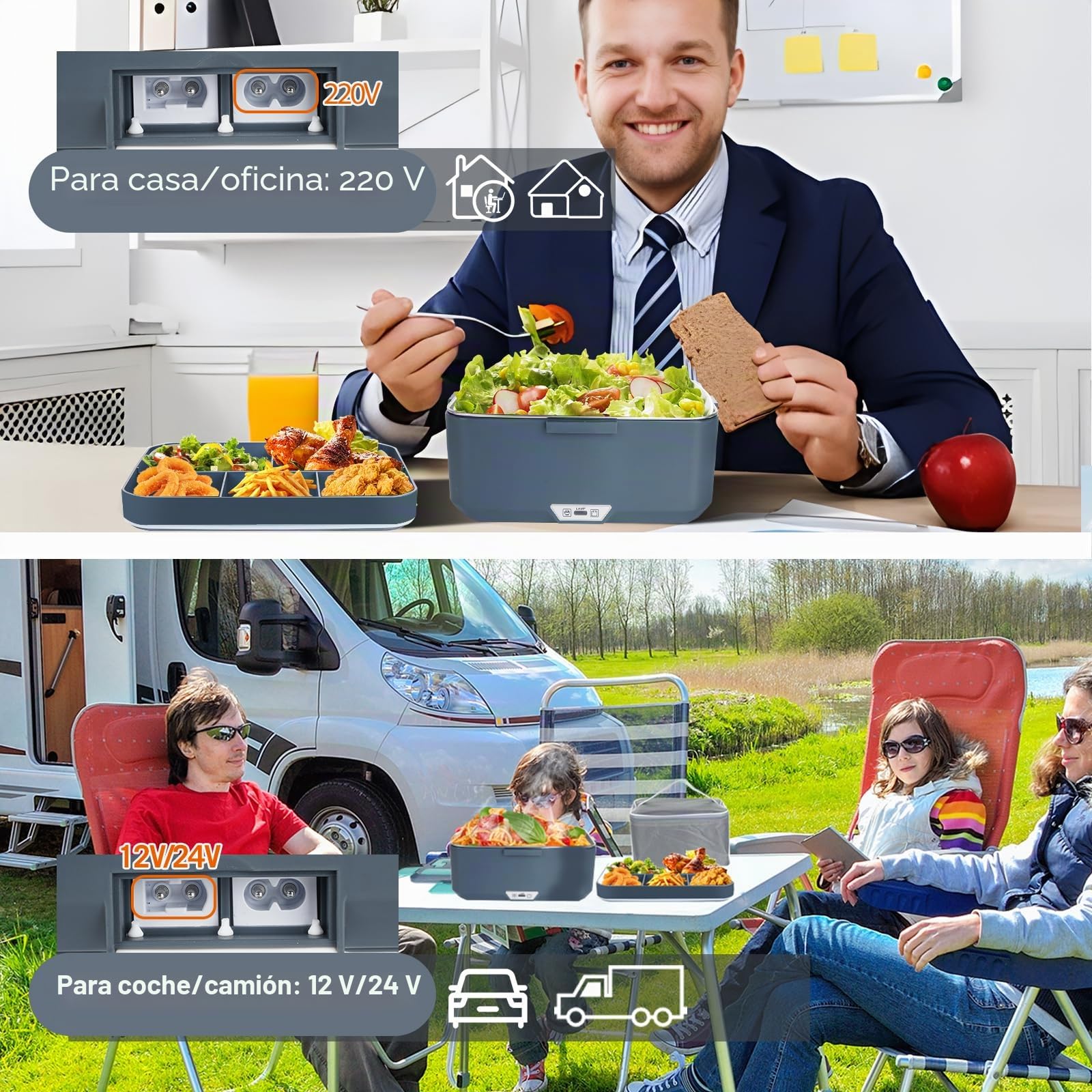 XREXS Fiambrera Eléctrica de 3,5 L y 90 W, con Capacidad Extragrande, para Casa o Coche, con Tenedor y Cuchara, Portátil, Ideal para Camiones, Familia y Camping