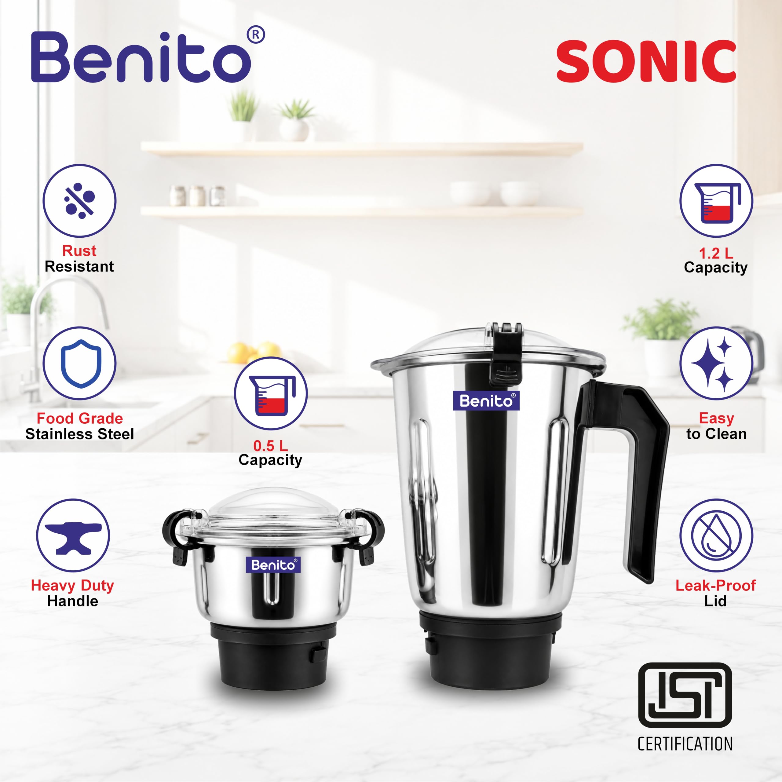 Benito Sonic Stainless Steel Jar Set (500 & 1200ml) for Mixer Grinder – Compatible with 4-Teeth Coupler & Dual Locking System — Amazon image 2
