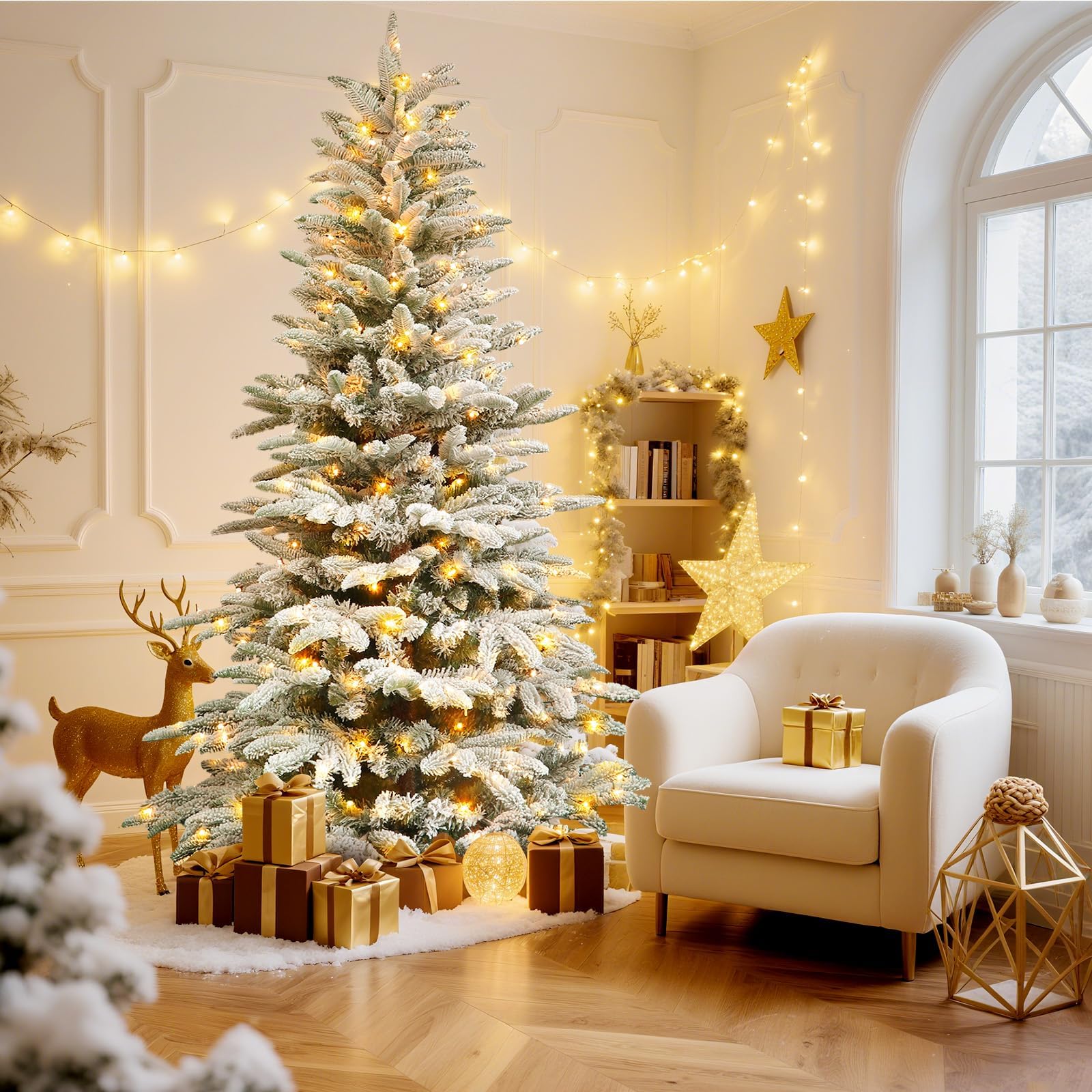 Alupssuc 7.5ft Prelit Artificial Hinged Snow Flocked Christmas Tree with Remote (Upgraded), 460 Pre-Lit Multi-Color RGB Lights, 1267 PE&PVC Full Branch Tips, Perfect Choice for Xmas Decoration, 7.5 FT