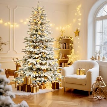 Alupssuc 7ft Prelit Artificial Hinged Layered Snow Flocked Christmas Tree with Remote, 460 Pre-Lit Multi-Color RGB Lights and 1267 PE & PVC Branch Tips, Perfect Choice for Xmas Decoration, 7 FT