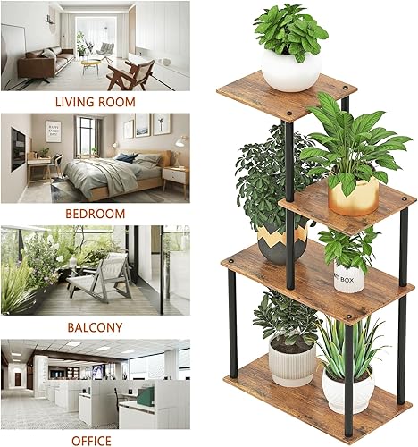 Miniatura 6 de Soporte para plantas de interior, estante para plantas de 4 niveles, soporte múltiple de metal para macetas de madera para sala de estar, oficina,