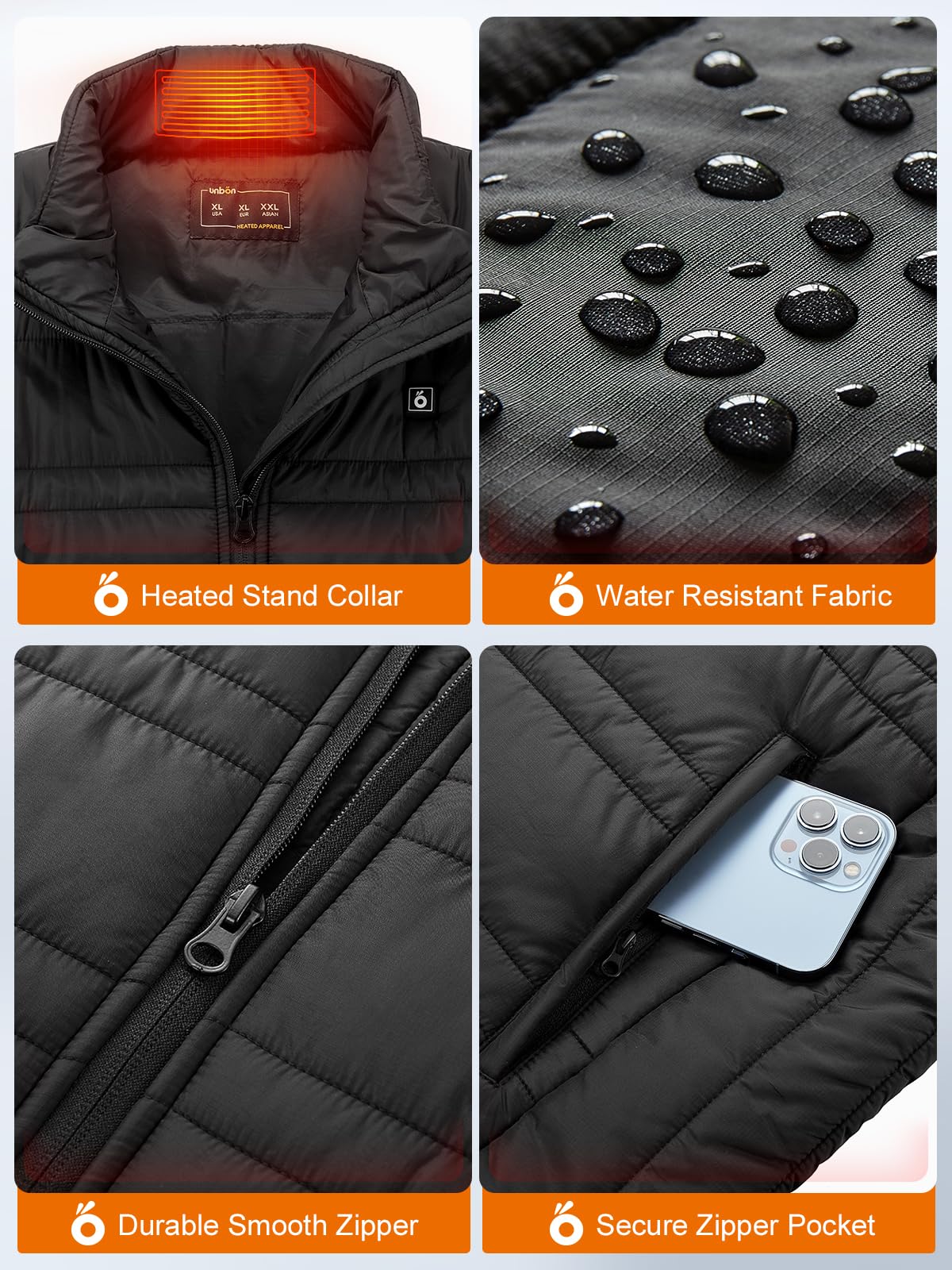 UNBON Gilet Riscaldato Uomo con Batteria USB 10000mAh, Giubbotto Riscaldato Uomo con 3 Temperature 6 Zone di Riscaldamento, Giacca Riscaldata Uomo Gilet Riscaldante Elettrico per Moto Caccia