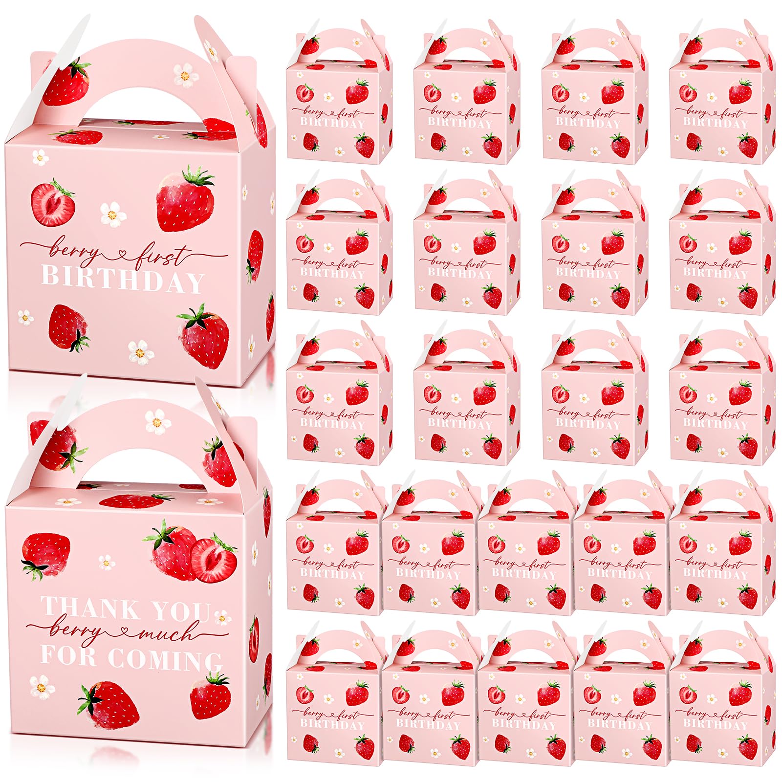 Sinload Confezione da 24 scatole per bomboniere di compleanno a forma di fragola, 15 x 9,9 x 21,3 cm, in scatola regalo per caramelle a tema fragola, scatola regalo per un dolce compleanno, baby