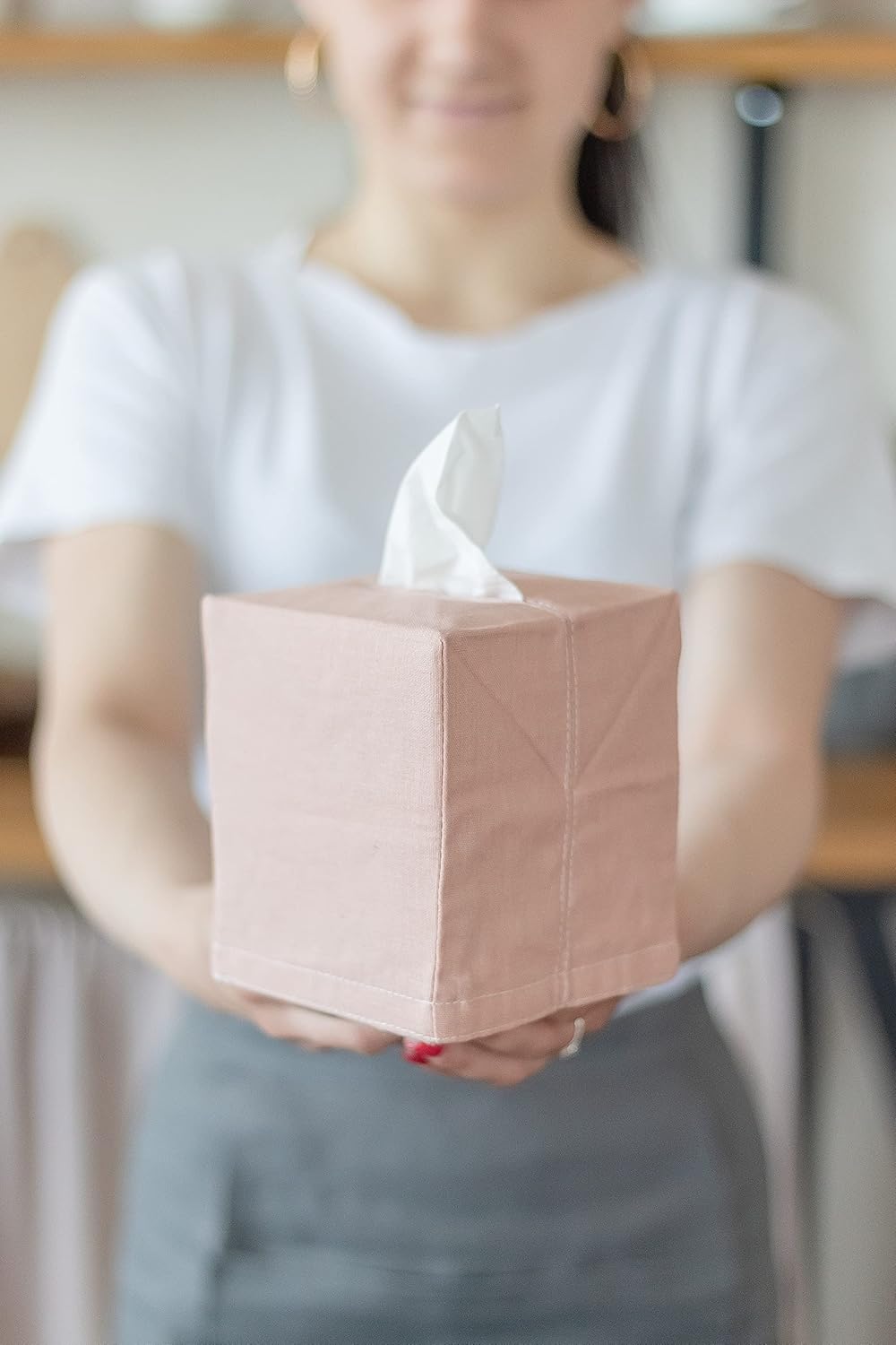 Linen Tissue Box Cover. Square Tissue Box Holder for Bathroom and Office. Coffee Table Decor. (Dusty Pink)