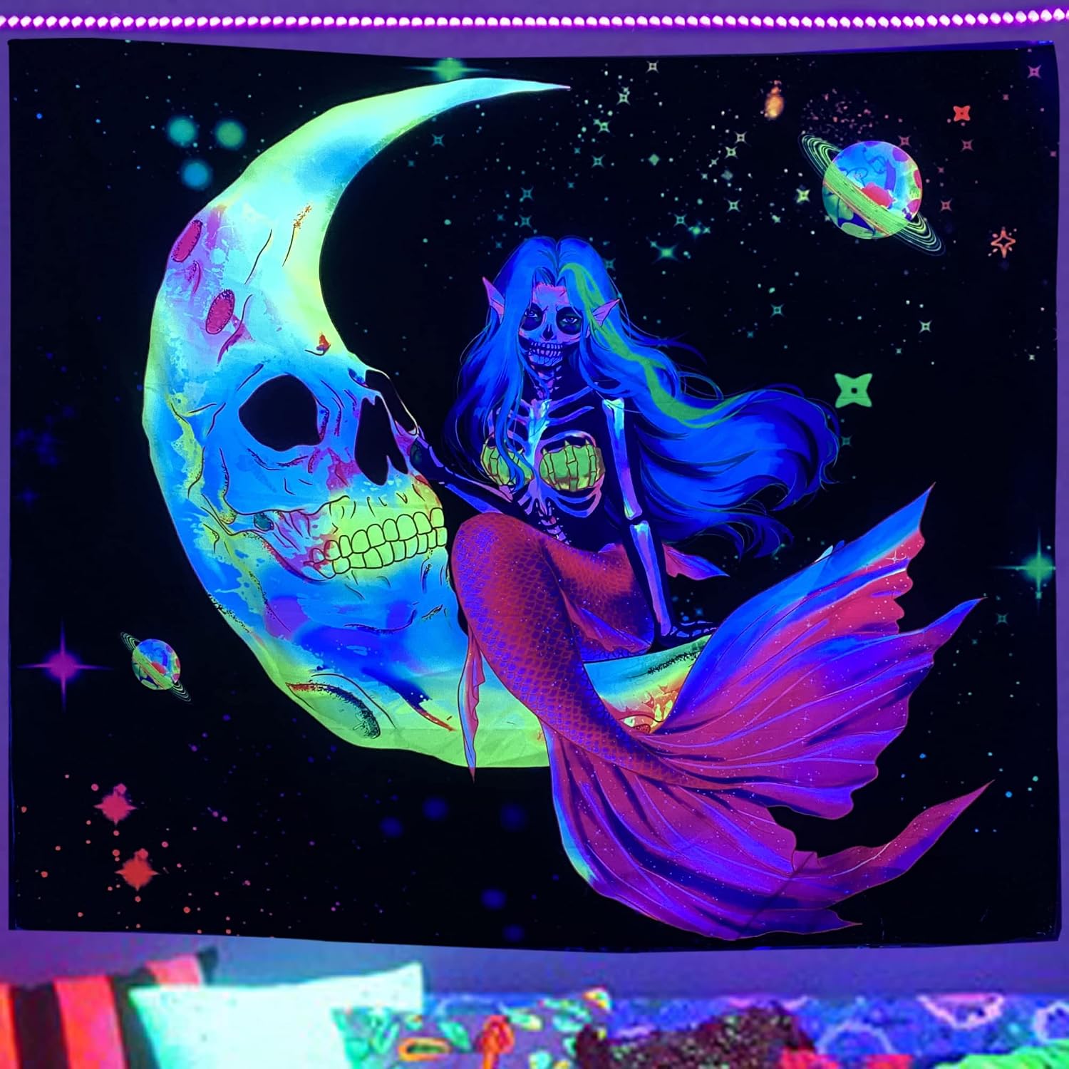 Blacklight Skull Mermaid Moon Tapestry UV Reactive Black Light Psychedelic Space Skeleton Tapestry Wall Hanging Black Light Tapestries for Bedroom Living Room Party Aesthetics Decor Poster 59*51inch