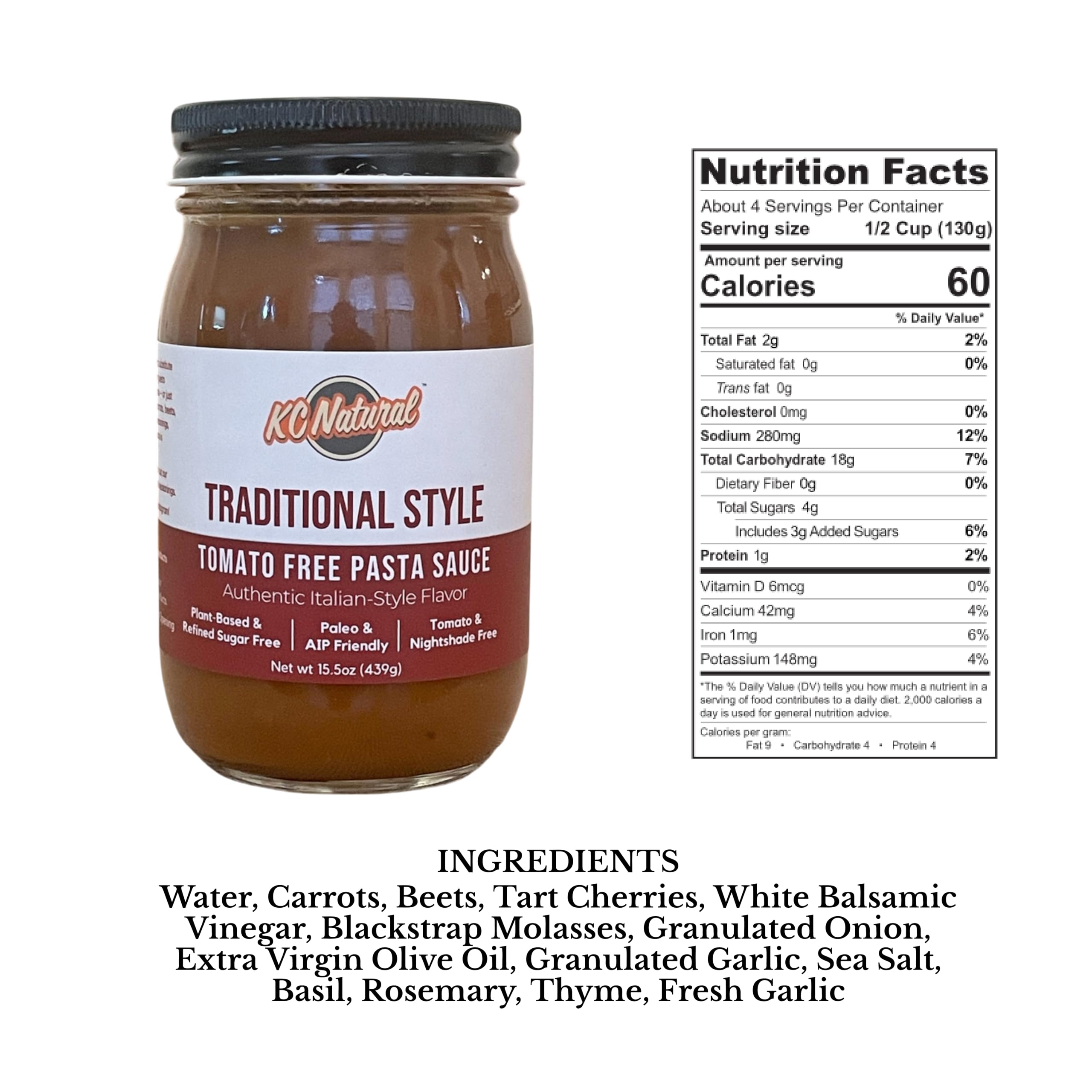 KC Natural | Traditional Style Tomato Free Pasta Sauce | 280mg Sodium (1-pack, 1.00)