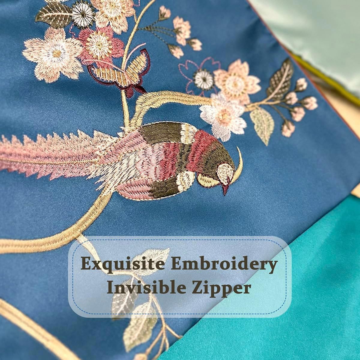 Satin Faux Silk Embroidery Throw Pillow Cover Silky Vintage Chinese Style Cushion Case Couch Bed Living Room Decor 20x20 Inch