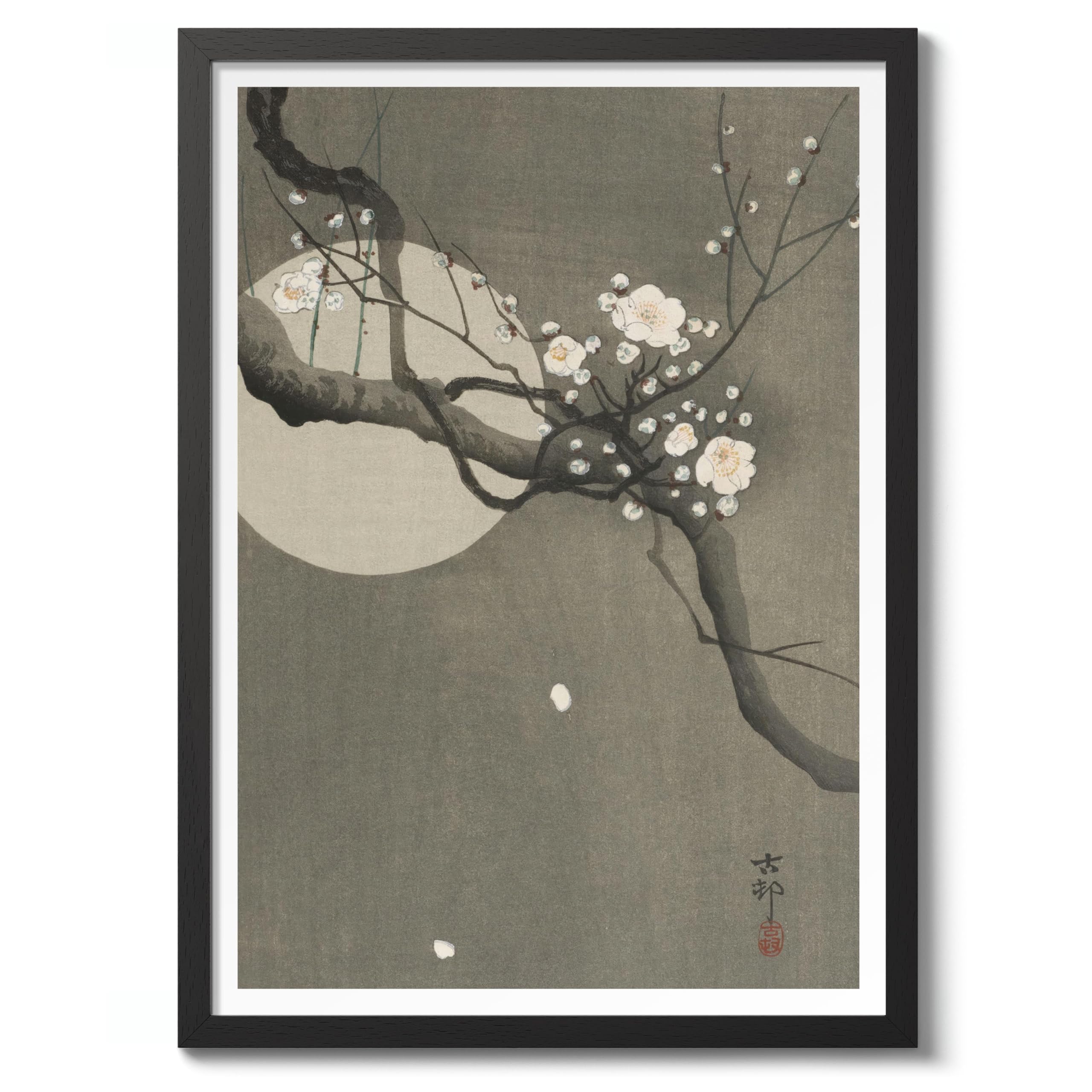 Flowering Plum & Moon Ohara Koson Poster, Japanese Woodblock Ukiyo-E Print, Vintage Nature Art Picture Animal Painting Wall Art Exhibition, Japan Artwork Home Decor, 50x70cm (Black Frame) - 53x73cm