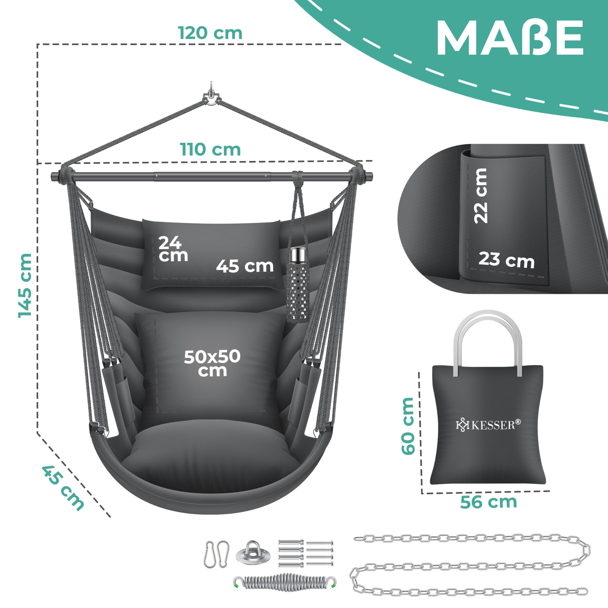 KESSER® Hängesessel Haiti 150kg Traglast, Hängestuhl 360° Drehung, Hängeschaukel Indoor-Outdoor UV-beständig & Wasserfest, Pflegeleicht, Inkl. 2 Kissen, Tragetasche, Flaschenhalter & Montage-Set