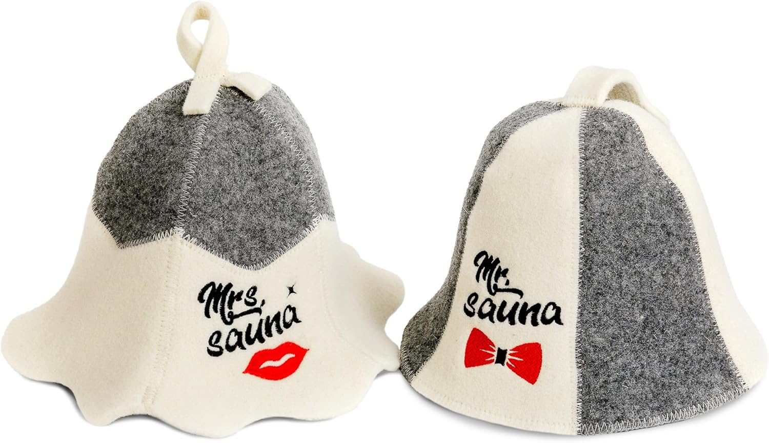 Sauna Hat 'Mrs and Mrs Sauna' White - 100% Organic Wool Felt Hats for Russian Banya - Protect Your Head from Heat - English Sauna eBook Guide Included - with Embroidery