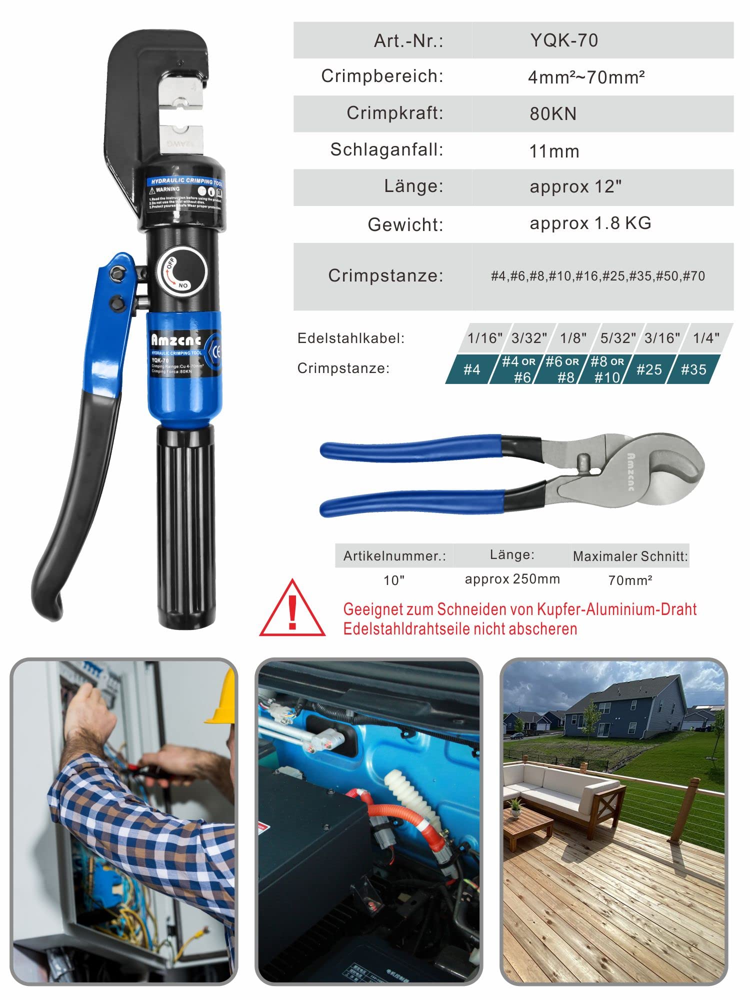 AMZCNC Pinza crimpatrice idraulica da 8 tonnellate, pinza per capicorda 4-70 mm² con 9 paia di matrici (Pinza crimpatrice (4-70mm²) + forbici)