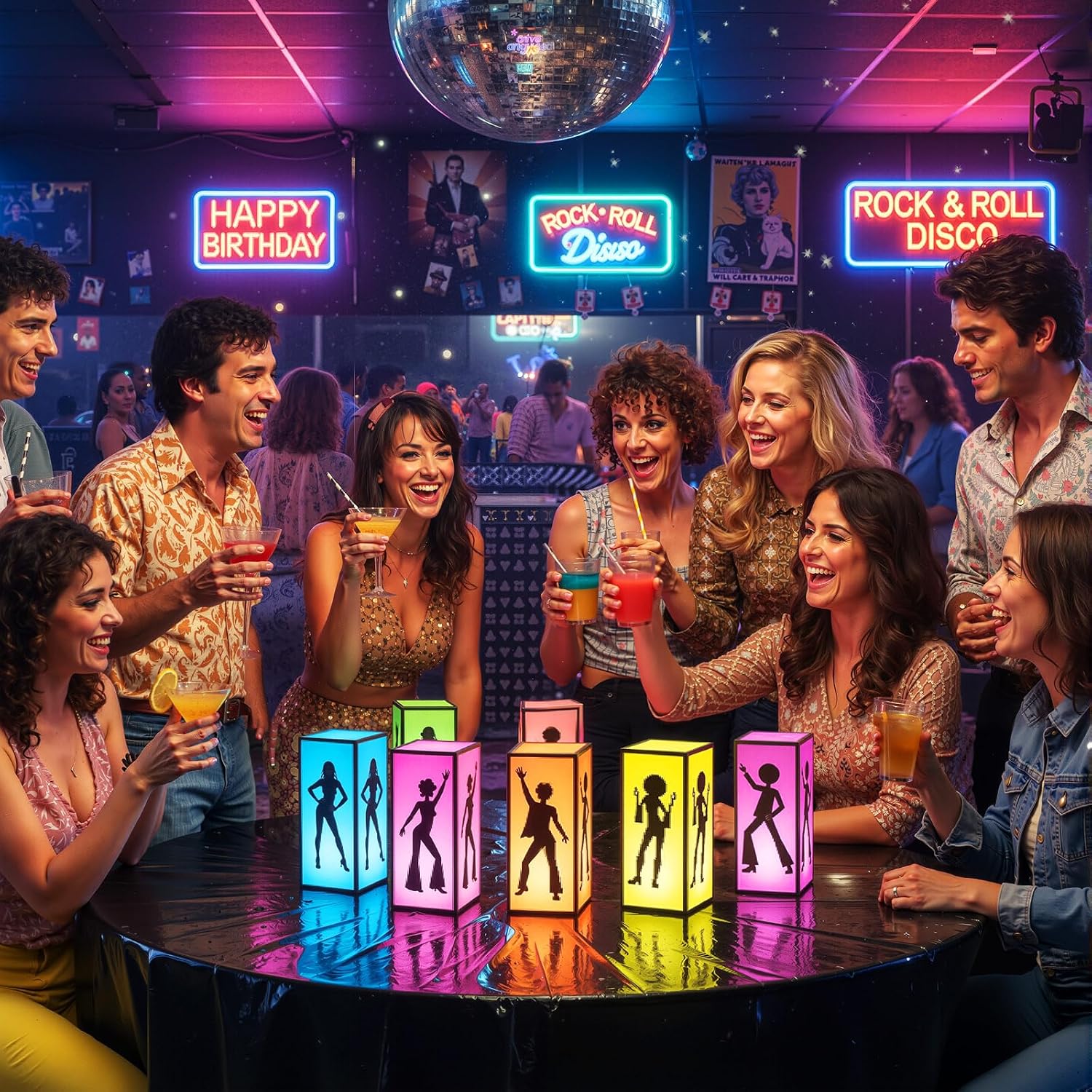 VIHOSE 6 Pcs Disco Table Centerpieces Boxes 70s 80s Disco Lanterns for Centerpieces with LED Light 1970s Fever Music Record Neon Night Birthday Party Supplies Decoration