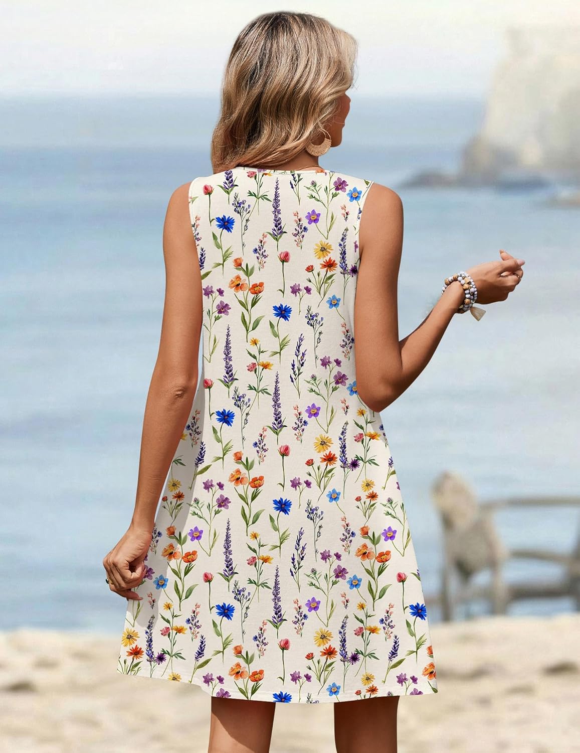 Zeagoo Summer Dresses for Women 2026 Sleeveless Dress V Neck Tank Dress Pleated Floral Tshirt Sundresses with Pockets - Image 5