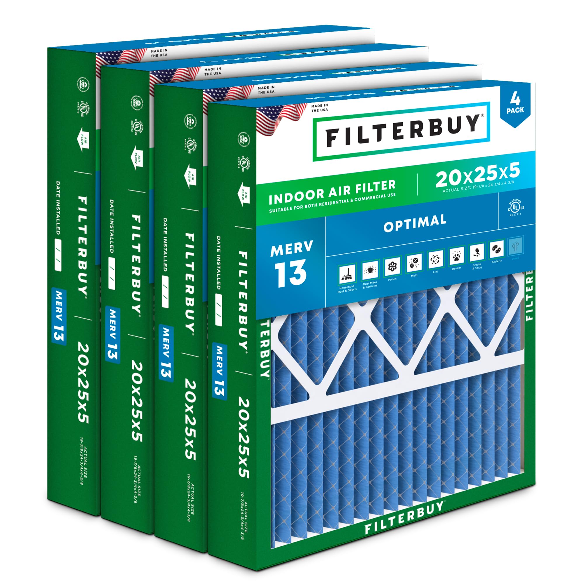 Filterbuy 20x25x5 Air Filter MERV 13 Optimal Defense (4-Pack), Pleated HVAC AC Furnace Air Filters for Honeywell FC100A1037, Lennox X6673, Carrier, & More (Actual Size: 19.88 x 24.75 x 4.38 Inches)