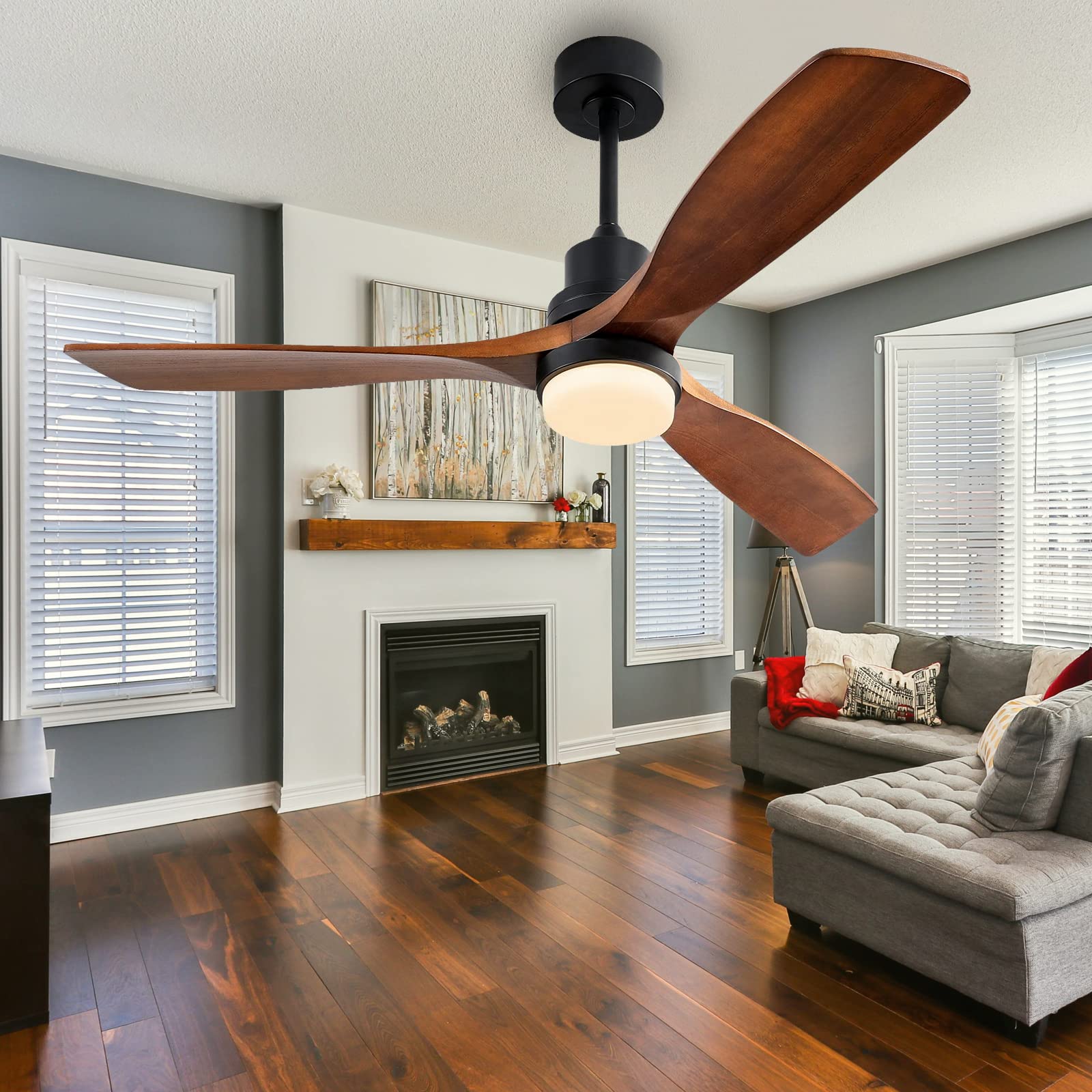 Ceiling Fans with Lights and Remote, 52 Inch Outdoor Ceiling Fan for Patios, 6 Speeds Reversible Noiseless DC Motor Modern Ceiling Fan with 3 Walnut Wooden Blades for Porch, Bedroom, Living Room