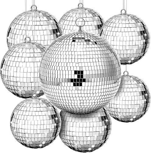 Haull Juego de 8 bolas de discoteca grandes con espejo plateado con anillo para colgar, decoración de fiesta para escenario, club, sala de baile,