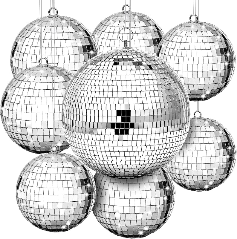 Haull 8 PCS Large Disco Ball Set, 8'', 6'', 4'' | Silver Mirror Reflective, with Hanging Ring, Party Decoration, Club Stage, Ballroom Hall Props, Wedding