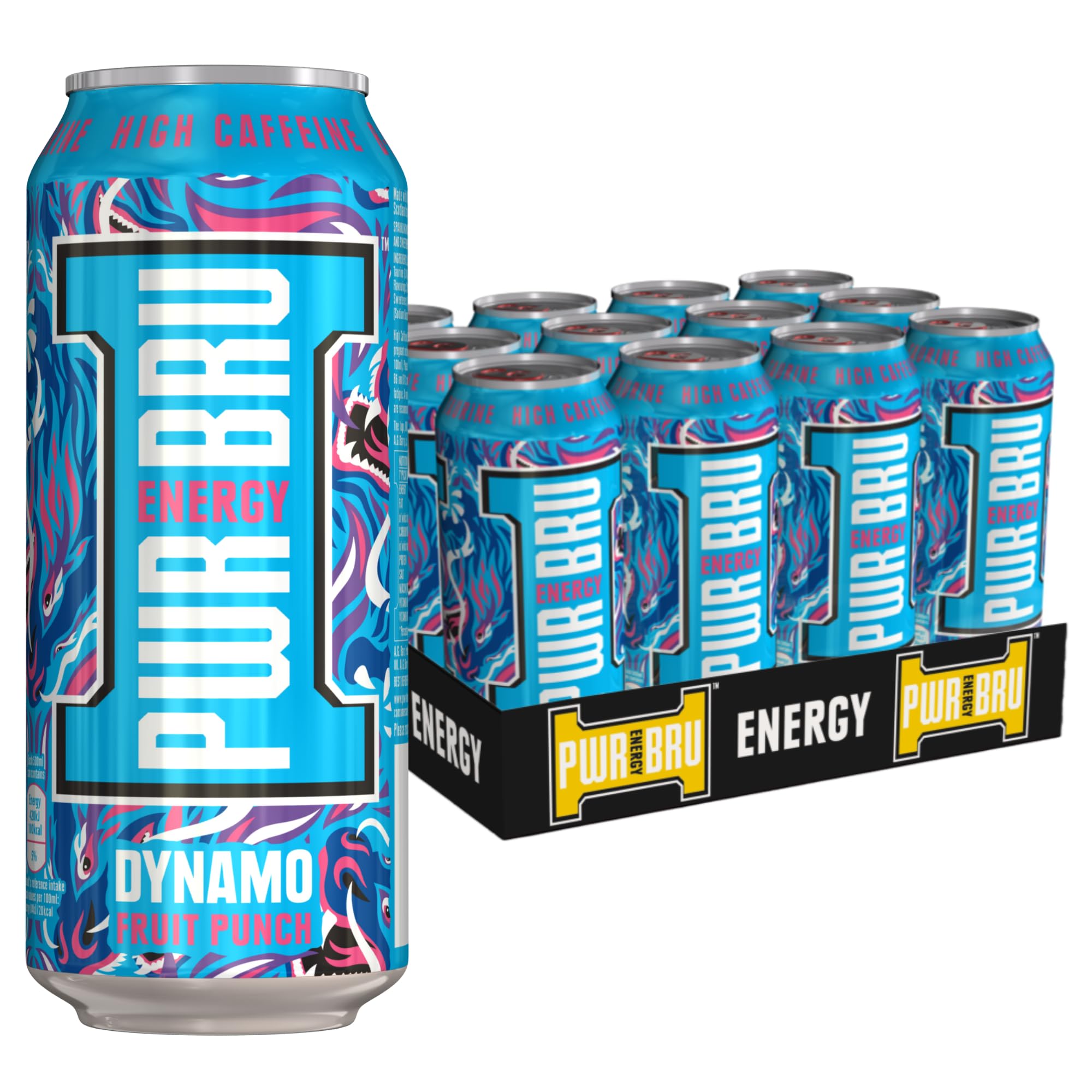 𝐏𝐖𝐑-𝐁𝐑𝐔 Dynamo Fruit Punch 12 Pack Big Can Energy Drink with High Caffeine, Taurine and Vitamins - 12 x 500ml Cans