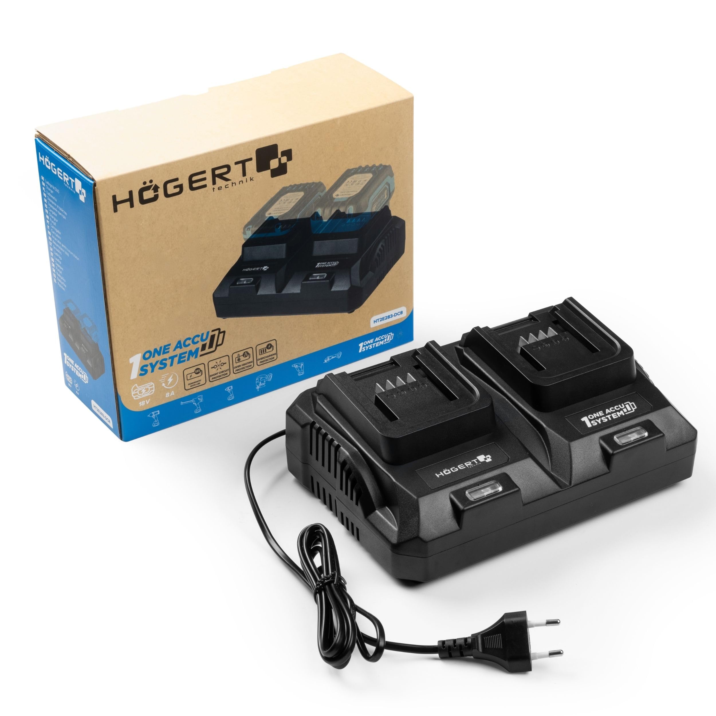 HÖGERT Technik - Doppio caricatore a batteria da 18 V Duo 8 A per utensili elettrici, caricatore rapido con due porte di ricarica, elettronica intelligente, indicatore LED e ventola attiva
