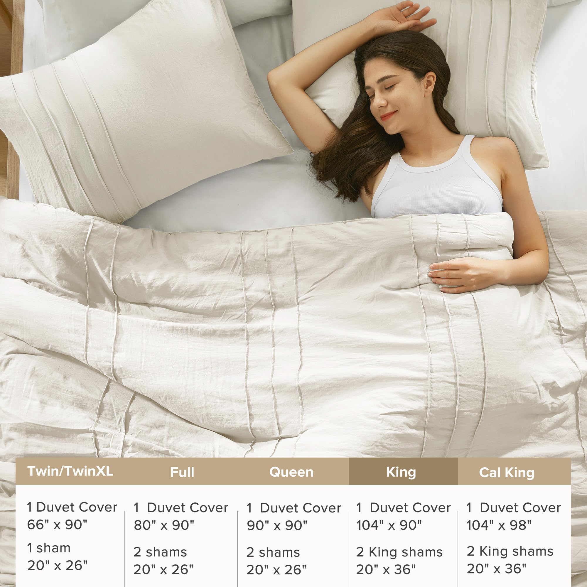 Comfort Spaces Kremowy zestaw poszewek na kołdrę typu king-size, 3 sztuki, plisowana poszewka na kołdrę, całoroczna, lekka, przypominająca bawełnę, wstępnie sprana poszewka na kołdrę z mikrofibry,