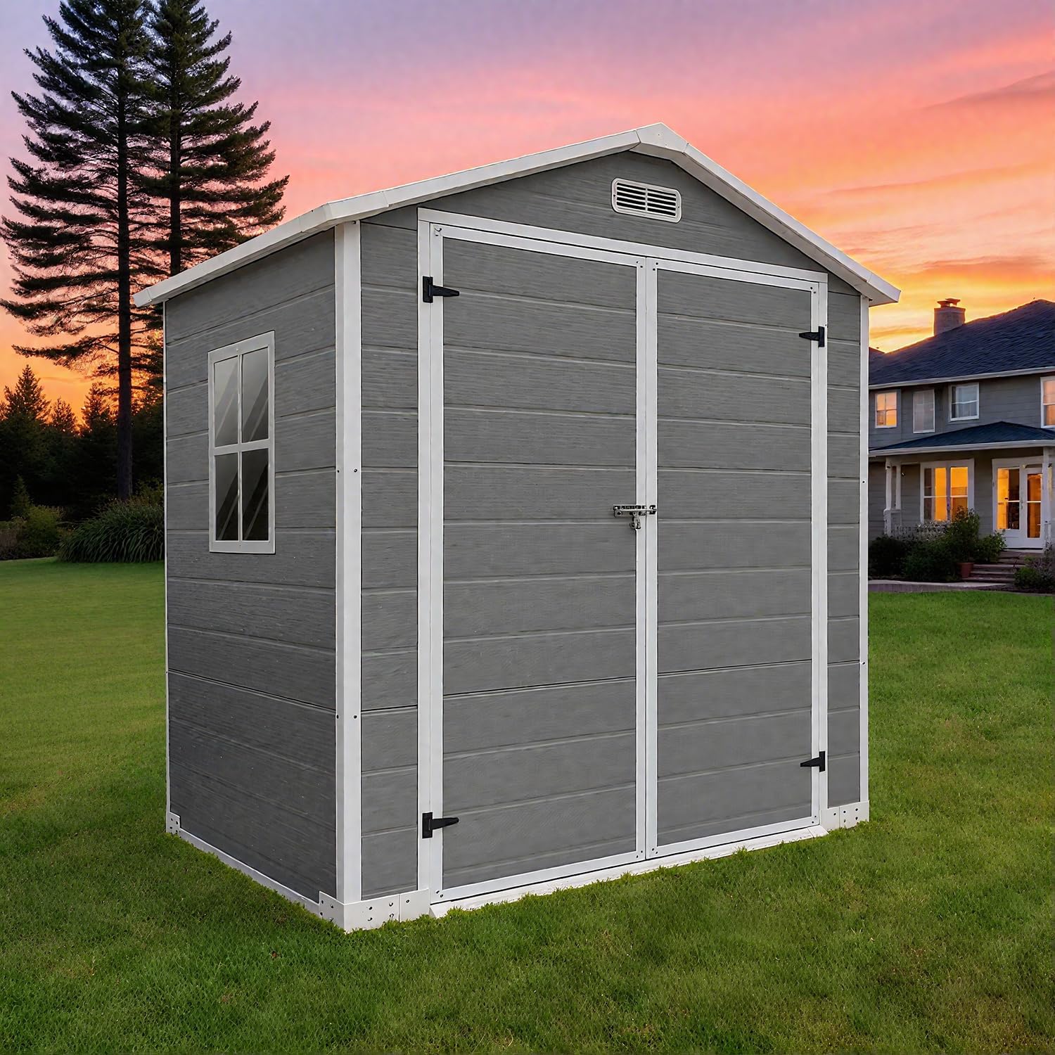 6x4 FT Outdoor Storage Shed with Floor, Plastic Garden Tool Shed with Windows, Vents & Lockable Door, Easy to Assemble Resin Bike Shed for Patio, Backyard, Lawn, Grey