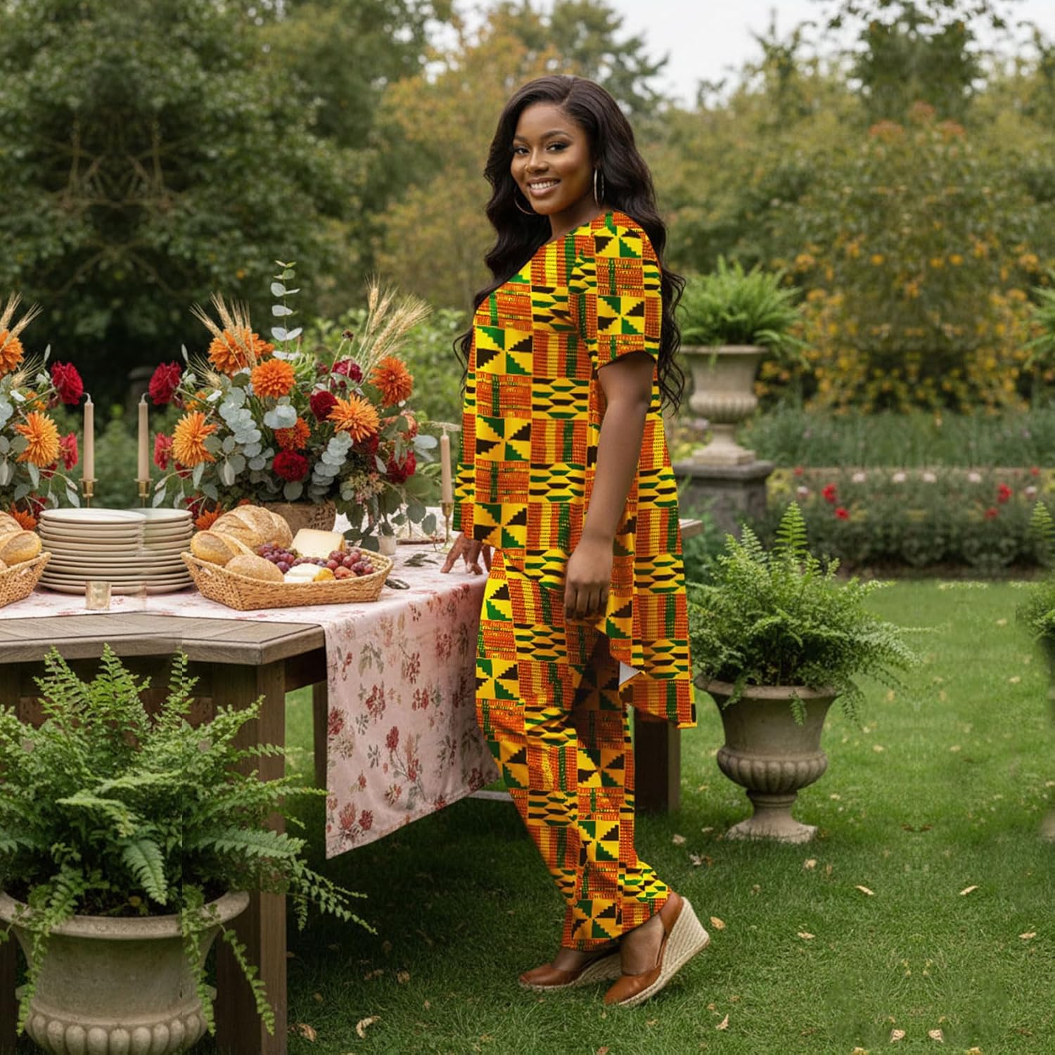 African Print 2PC Set Short Sleeve Top with Wide Leg Pants Traditional Kente Pattern Plus Size Lounge Sets for Women - Image 5